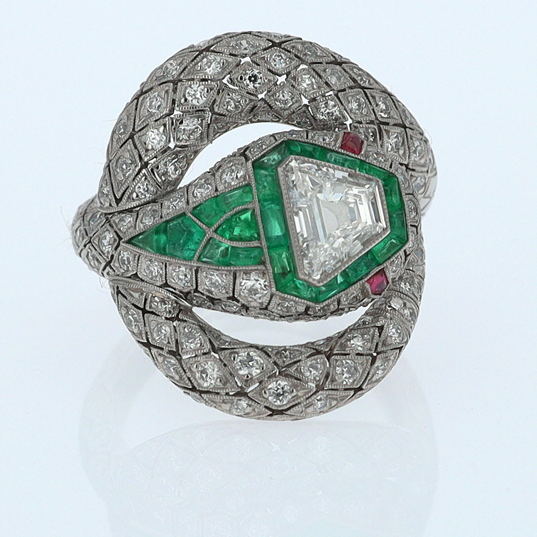 Art Deco 3 Carat Trillion Cut Diamond & Emerald Platinum Snake Ring