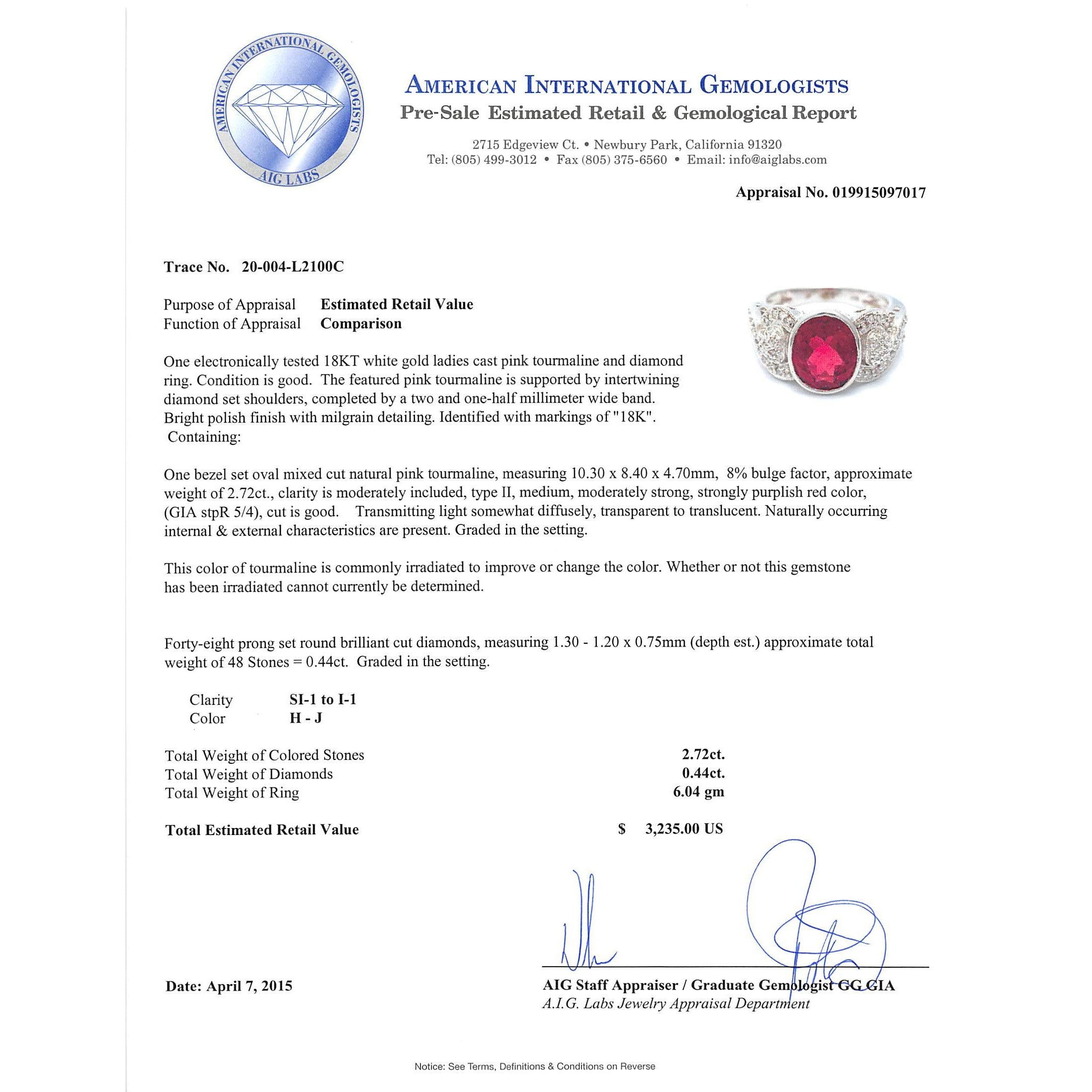 A pink tourmaline and diamond white gold ring appraisal.