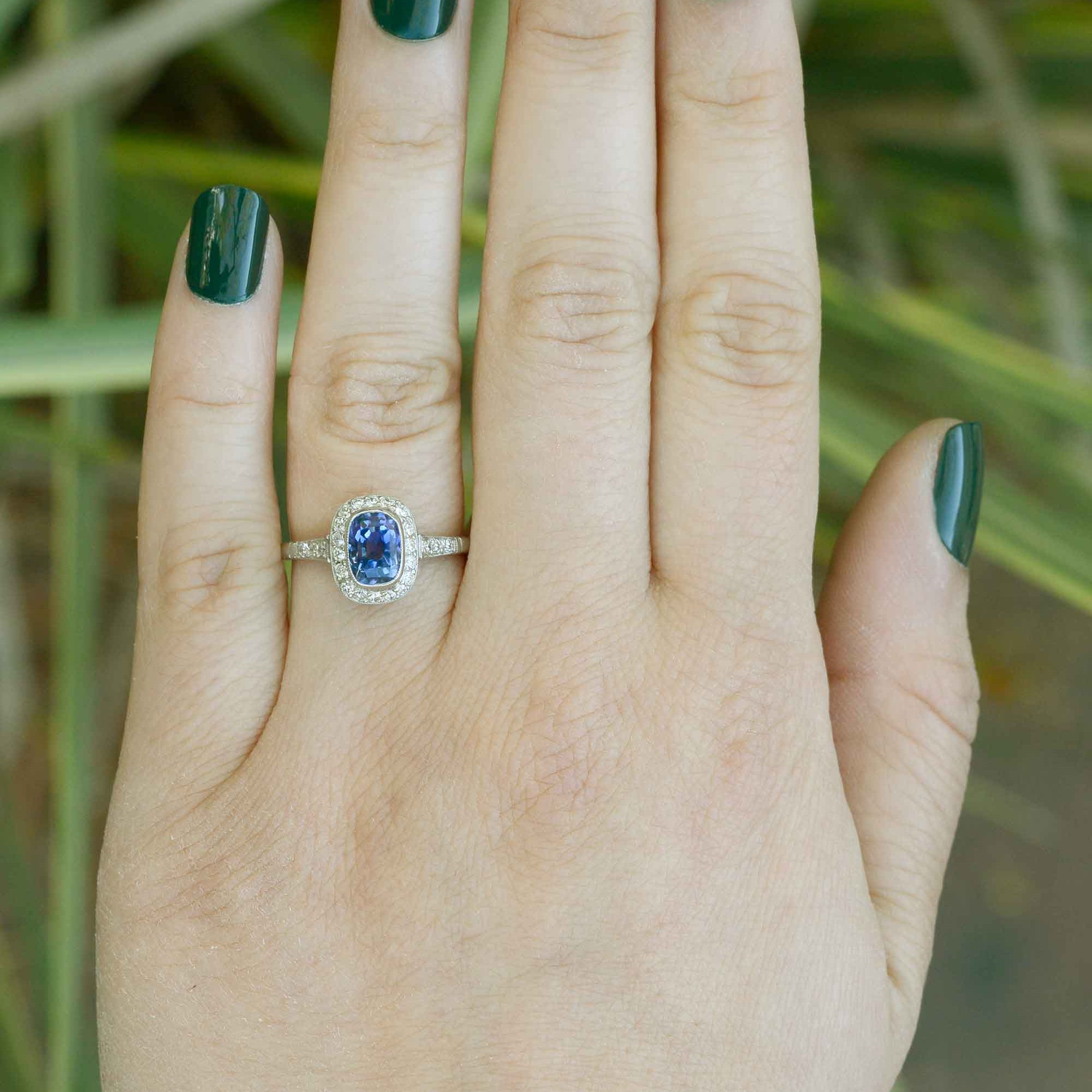 This three carat sapphire displays vivid cornflower blue color.