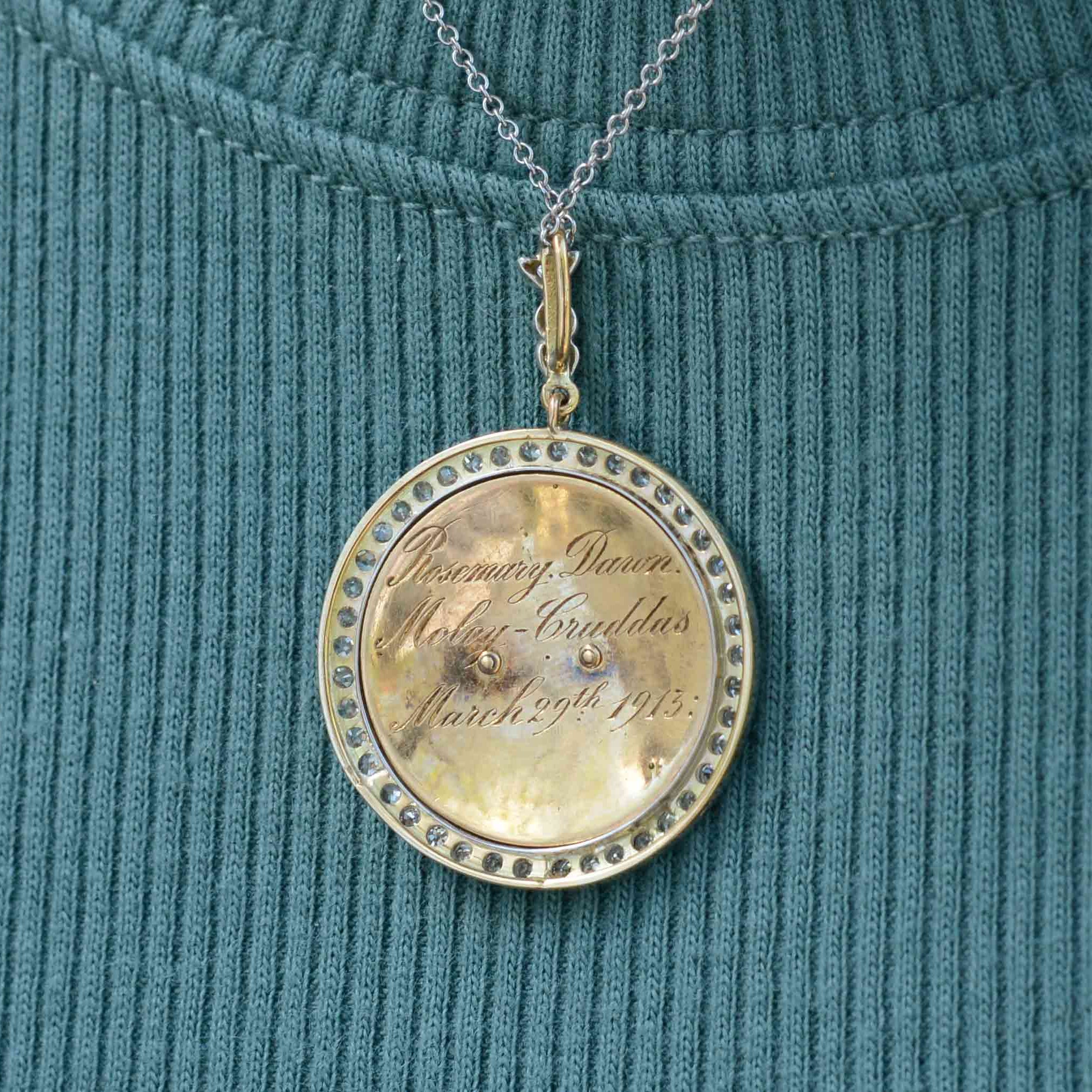 Rich in history, this pendant is hand engraved en verso and dated March 29, 1913.
