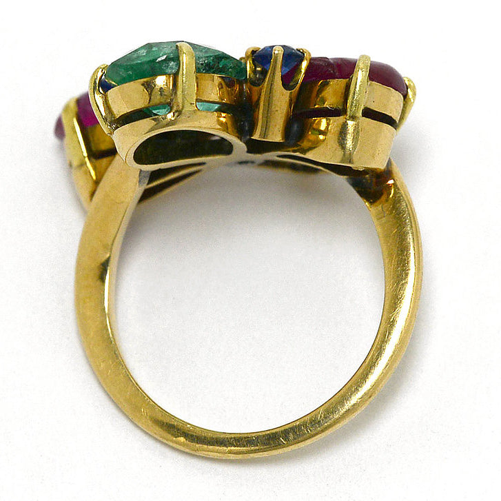 Mixed cut gemstone, yellow gold tutti frutti cluster ring.