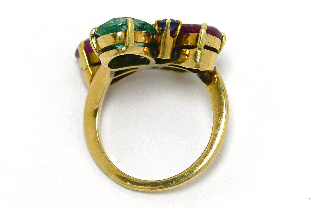 Mixed cut gemstone, yellow gold tutti frutti cluster ring.