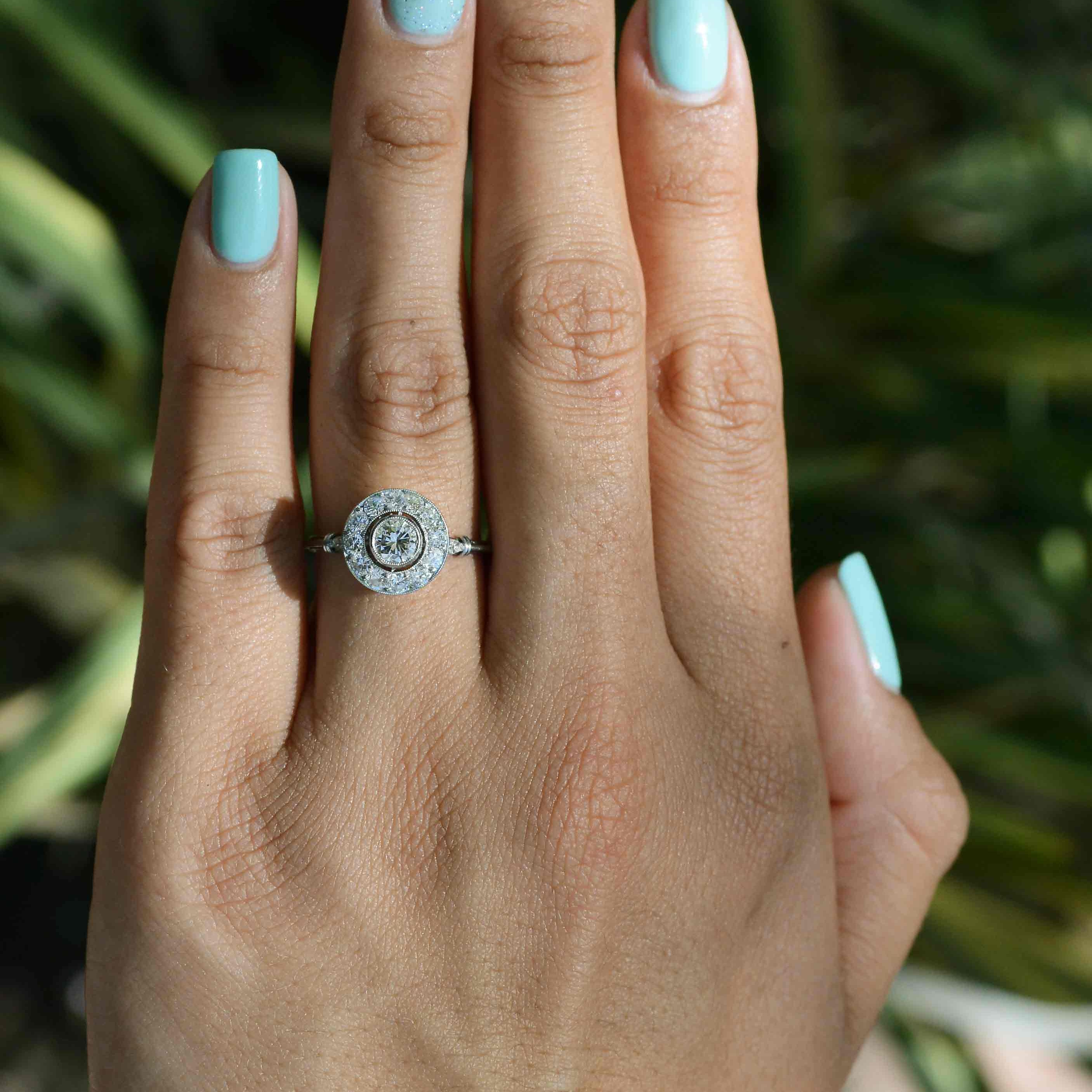 Art Deco Round Bezel Diamond Platinum Cluster Engagement Ring