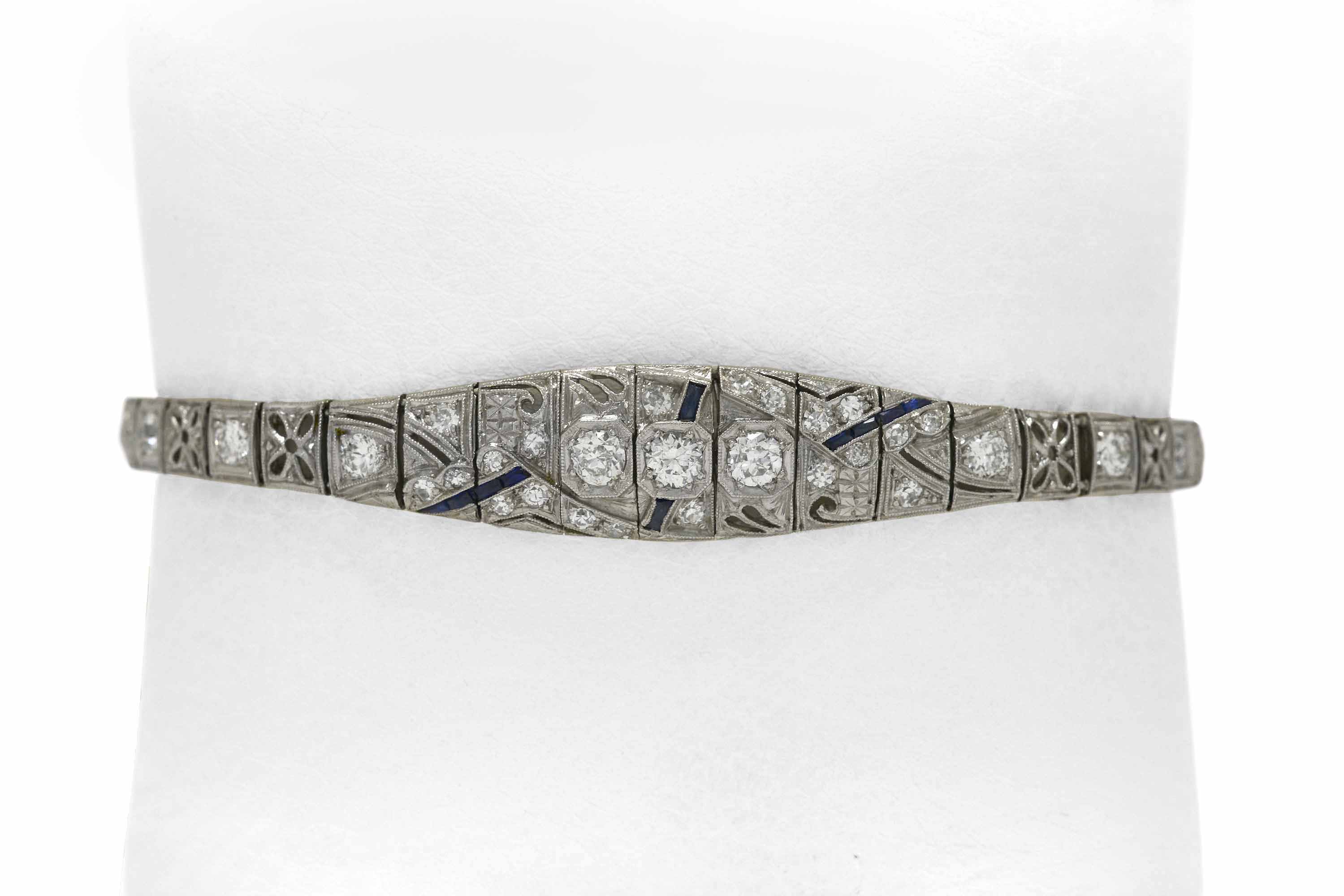Old European diamonds sparkle in this Art Deco bracelet.