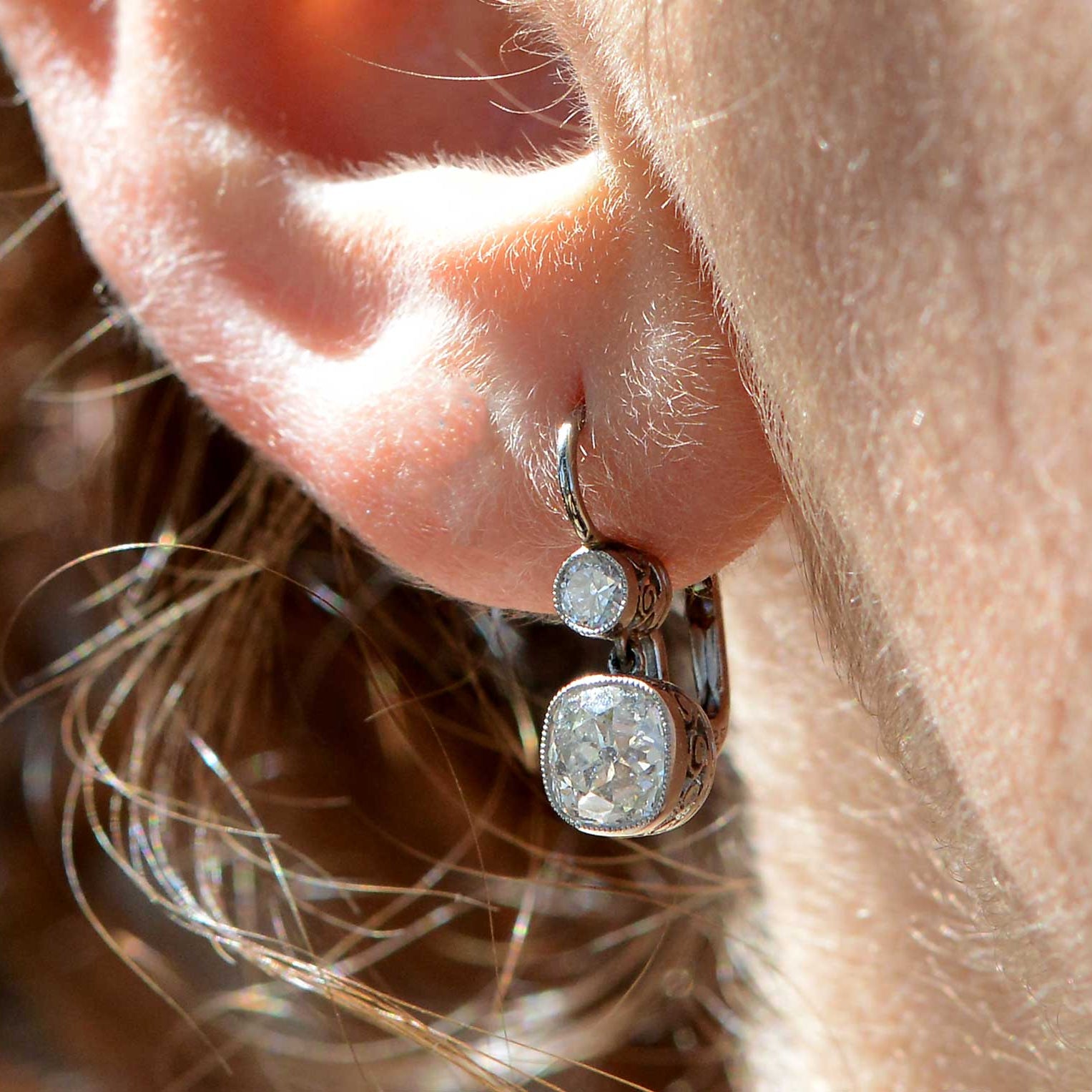 2.50 Carat Cushion Cut Diamond Art Deco Inspired Dangle Earrings