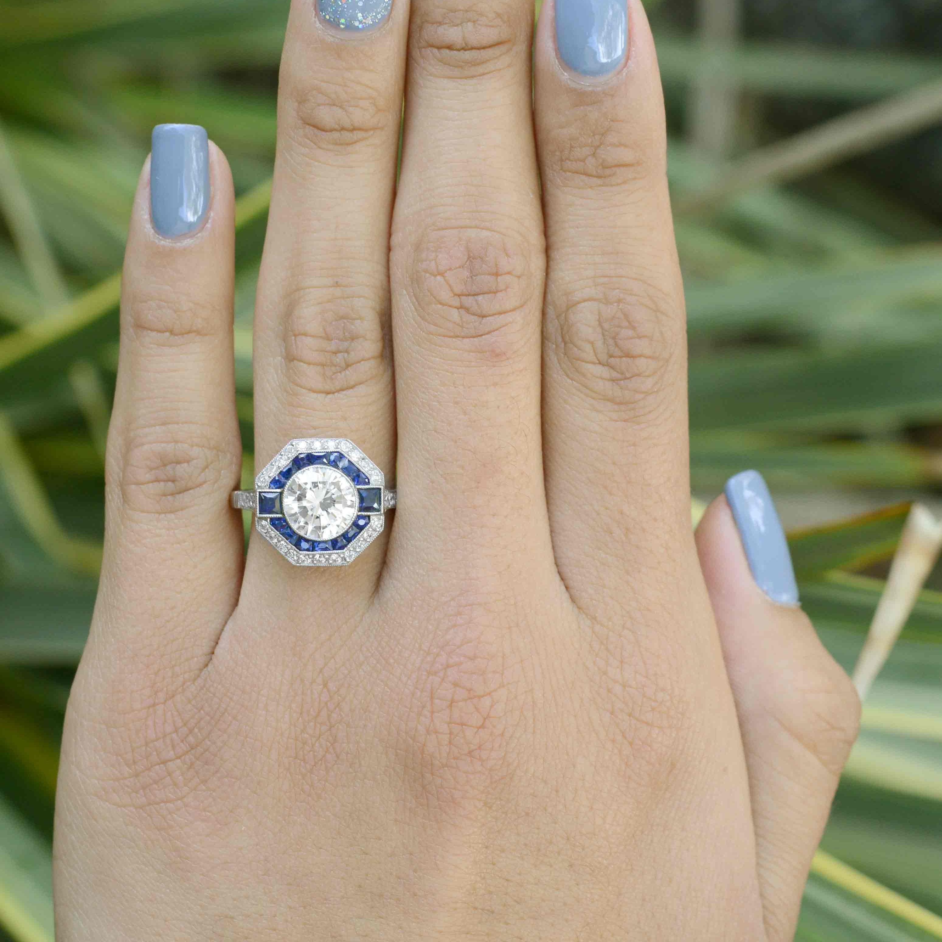 A platinum sapphire and diamond octagon, Art Deco style wedding ring.