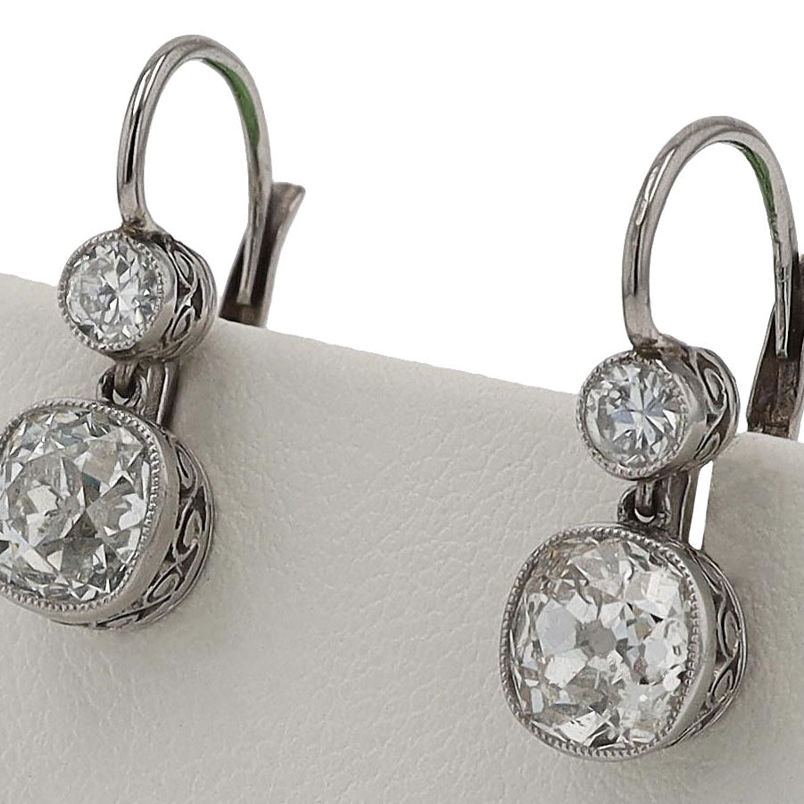 2.50 Carat Cushion Cut Diamond Art Deco Inspired Dangle Earrings