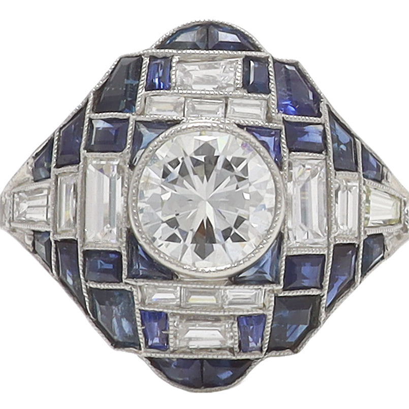 Art Deco Style Sapphire Diamond Dome Engagement Ring