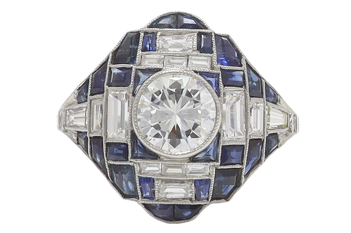 Art Deco Style Sapphire Diamond Dome Engagement Ring