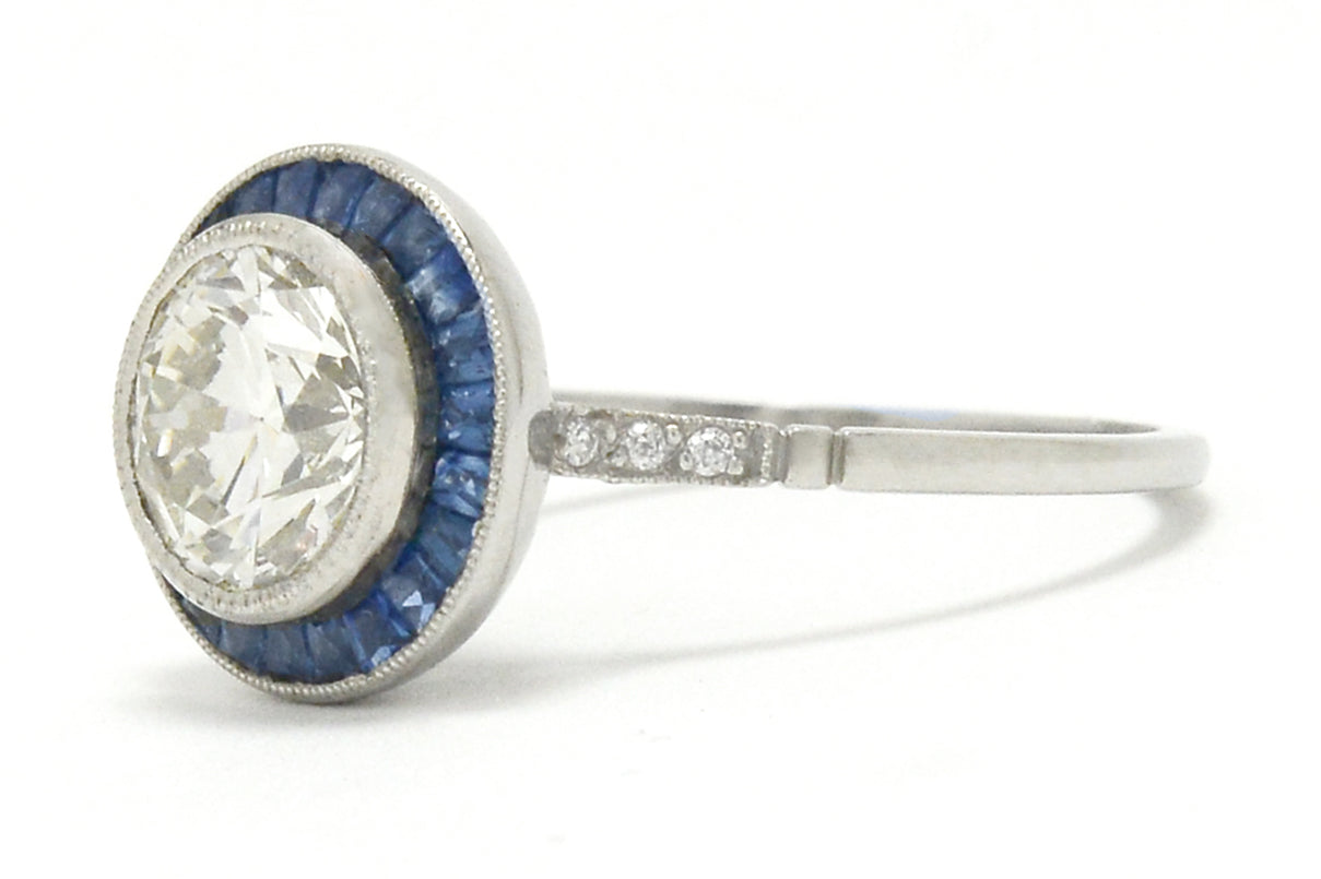 Art Deco 1.50 Carat Diamond Sapphire Halo Engagement Ring