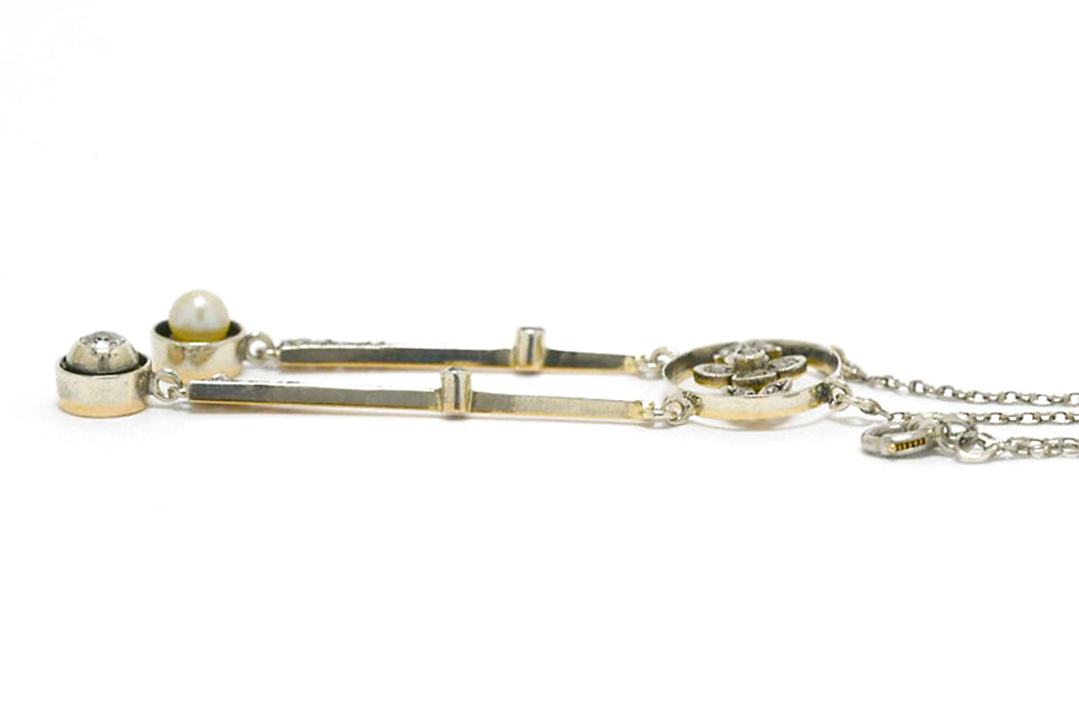 Antique Art Nouveau Natural Pearl & Diamond Drop Necklace