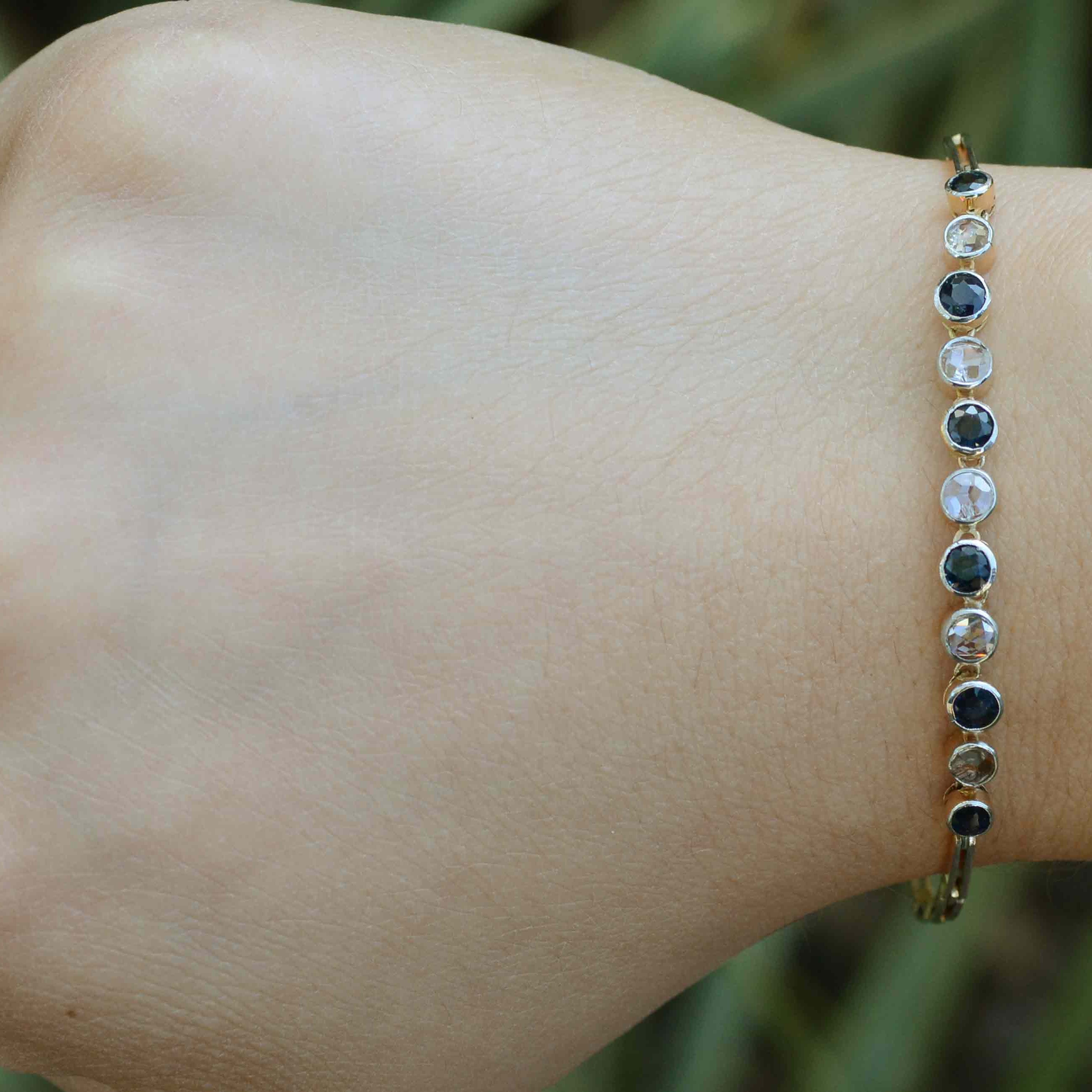 This stunning blue sapphire and diamond antique bracelet fits a 7 inch wrist.