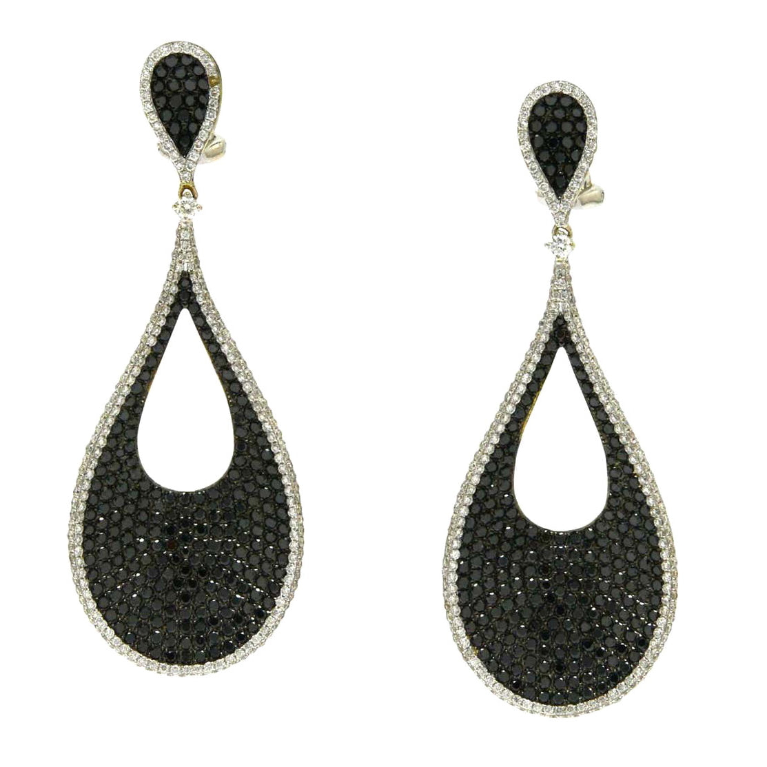 4 carats of black and white diamonds in 18k white gold drop dangle earrings.