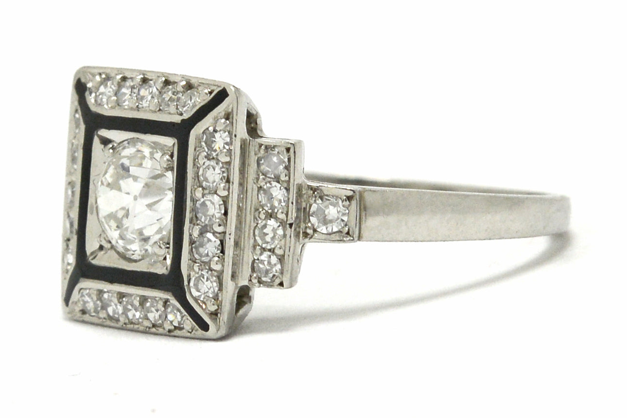 Chicago Art Deco Engagement Ring Old European Diamond Black Enamel Platinum