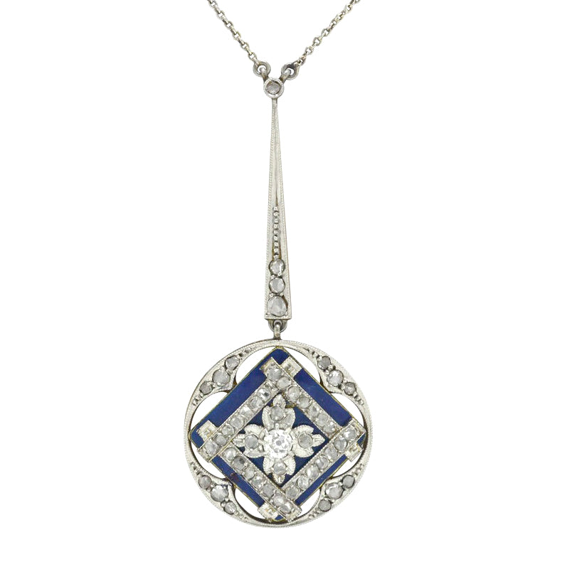An early 1900s, antique diamonds and blue enamel drop necklace.