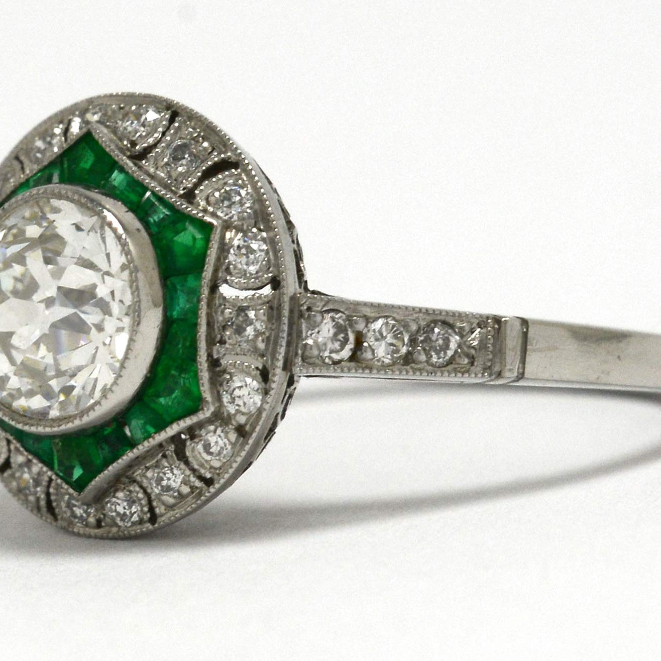 Austin Antique Diamond Emerald Engagement Ring Platinum Star Halo Art Deco