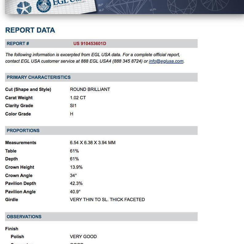 An EGL diamond report for a one carat round brilliant diamond.