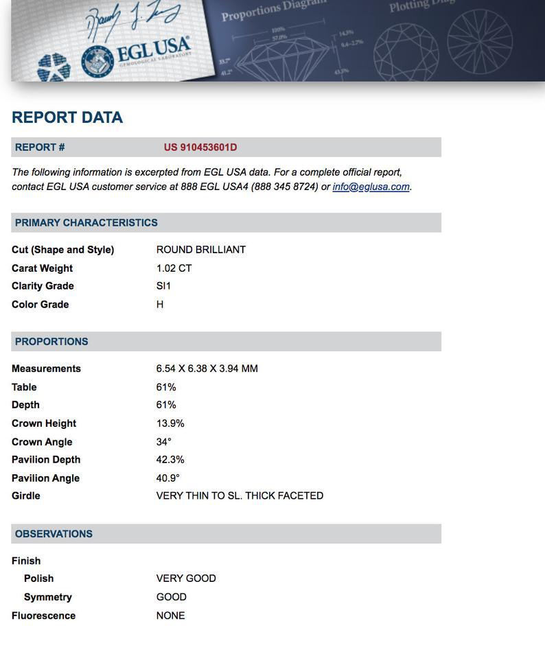 An EGL diamond report for a one carat round brilliant diamond.