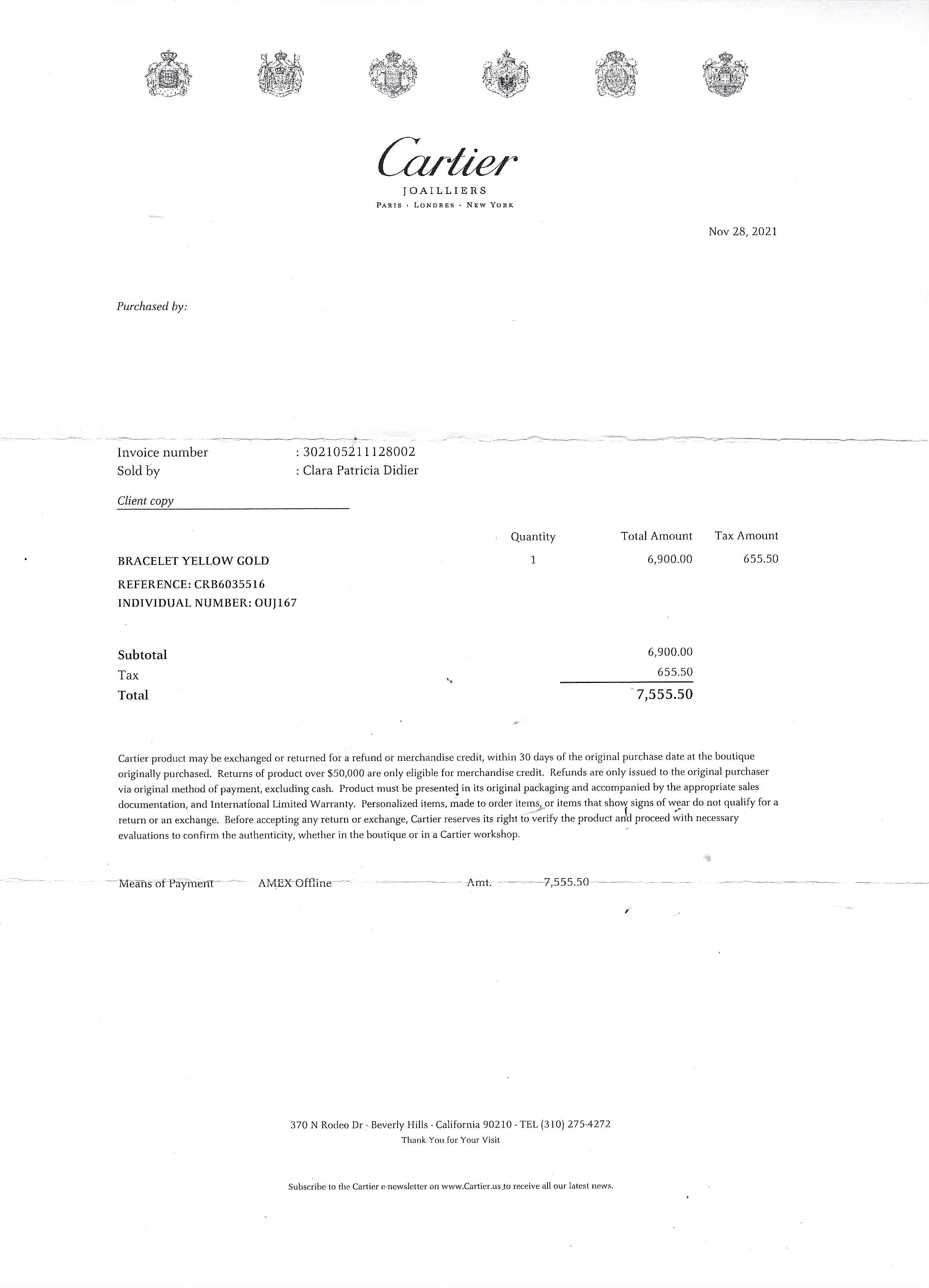 An official Cartier love bracelet receipt.