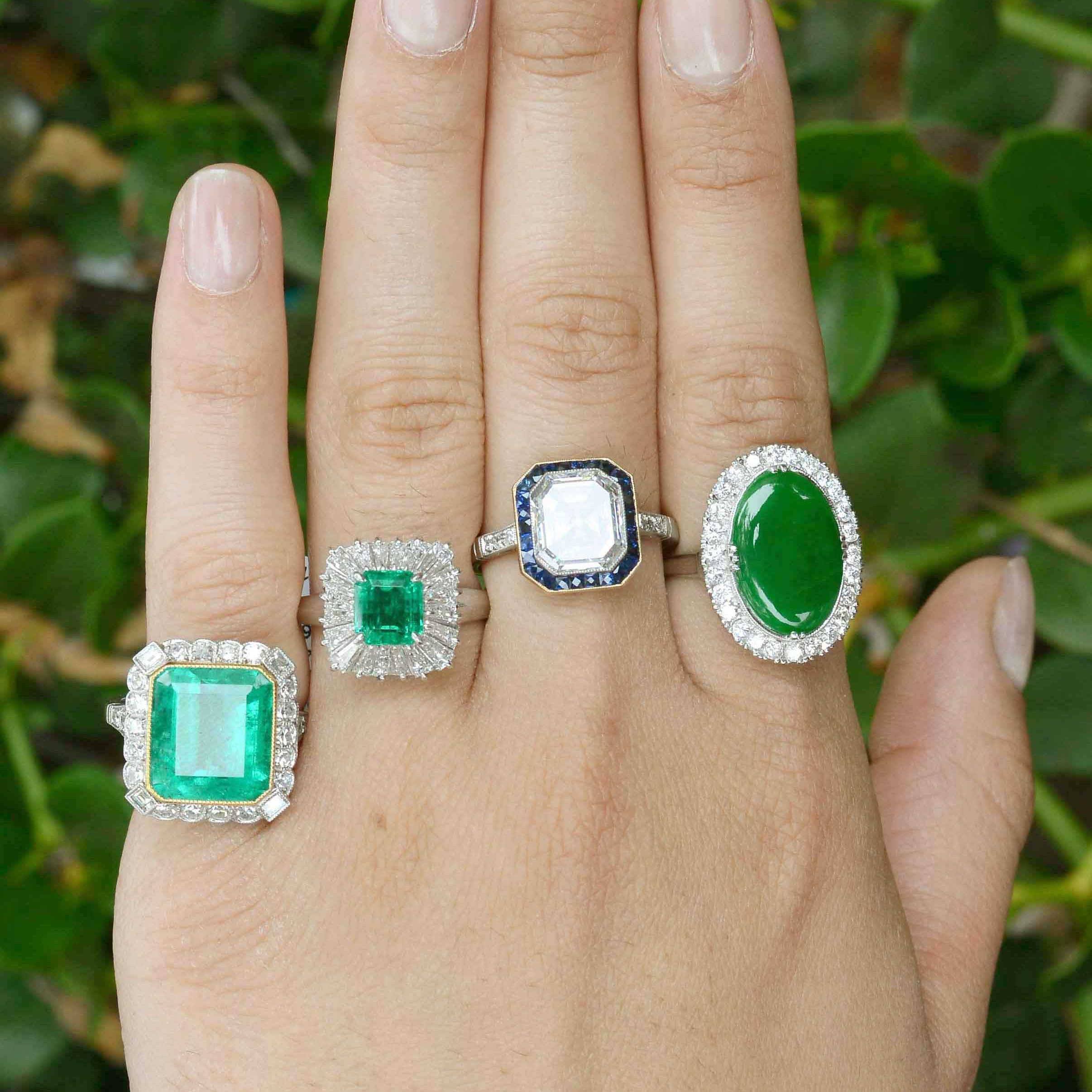 Square natural diamond and gemstone statement rings.
