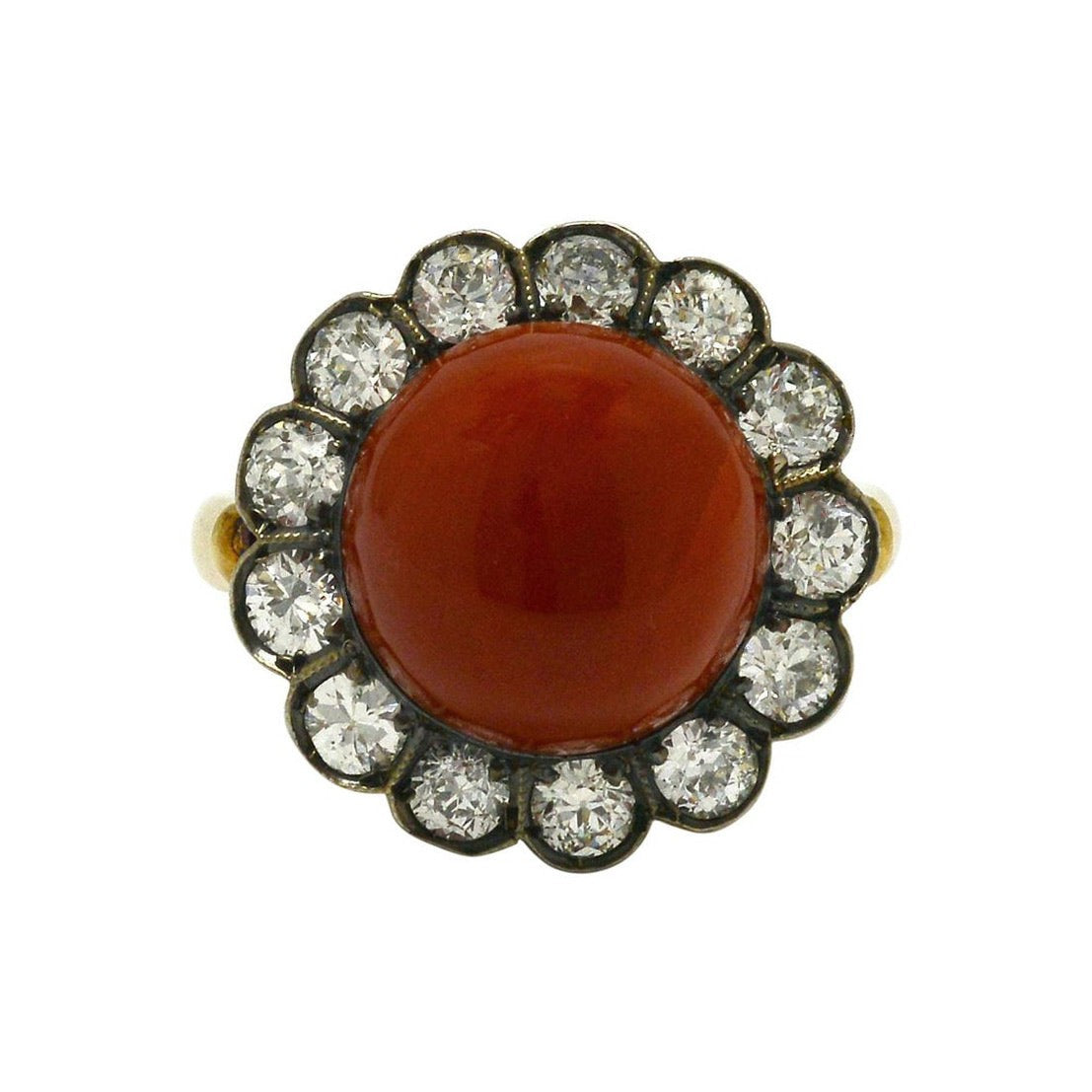 Natural coral, dome diamond halo statement ring.