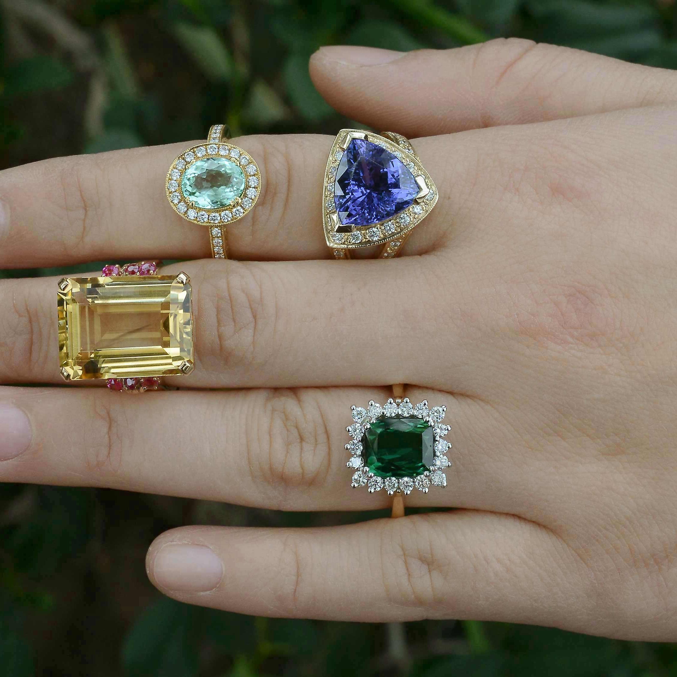 A view of the variety of diamond and gemstone rings available.