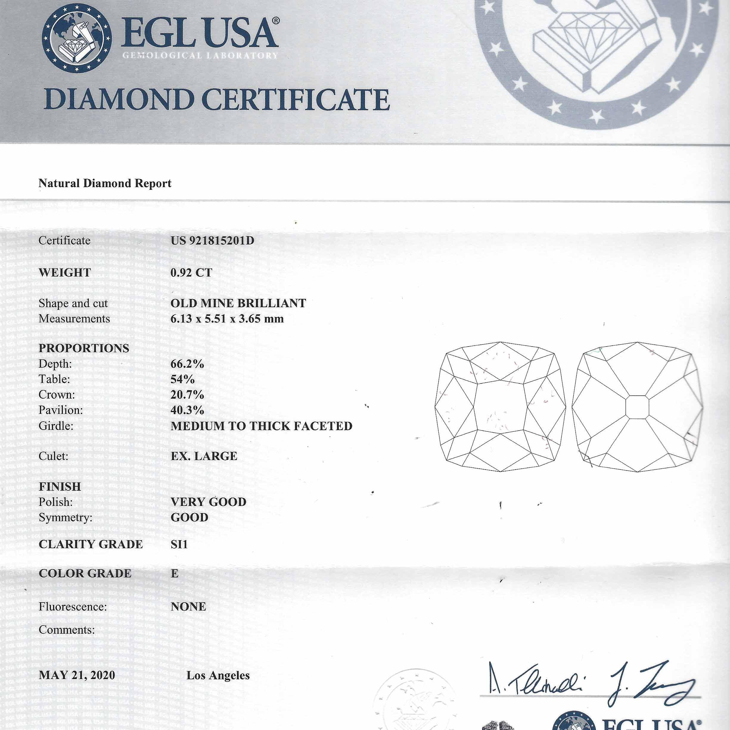 This old diamond measures size 0.92 carats, certified by EGL USA.