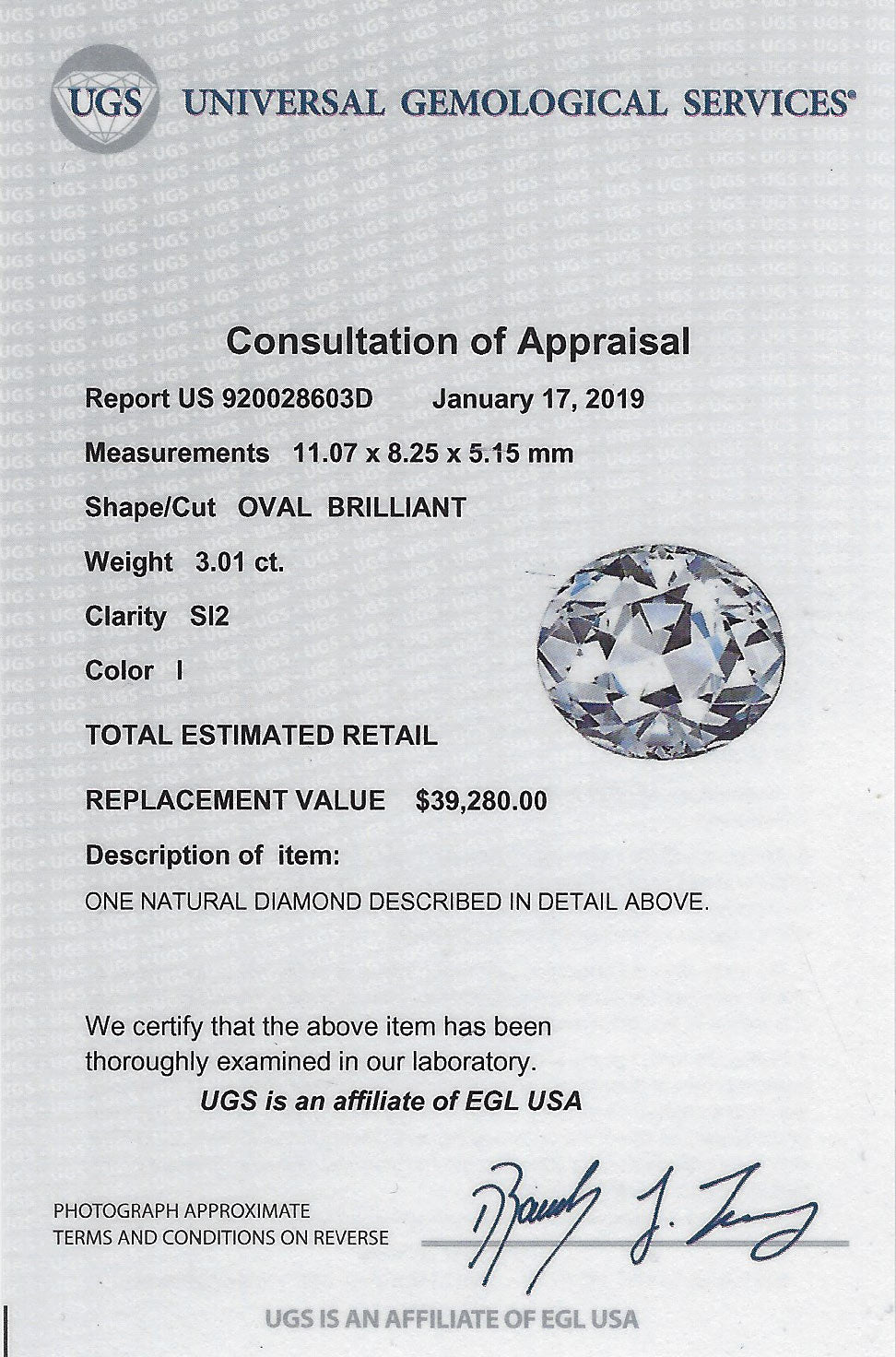 A Universal Gemological Services consultation of appraisal.