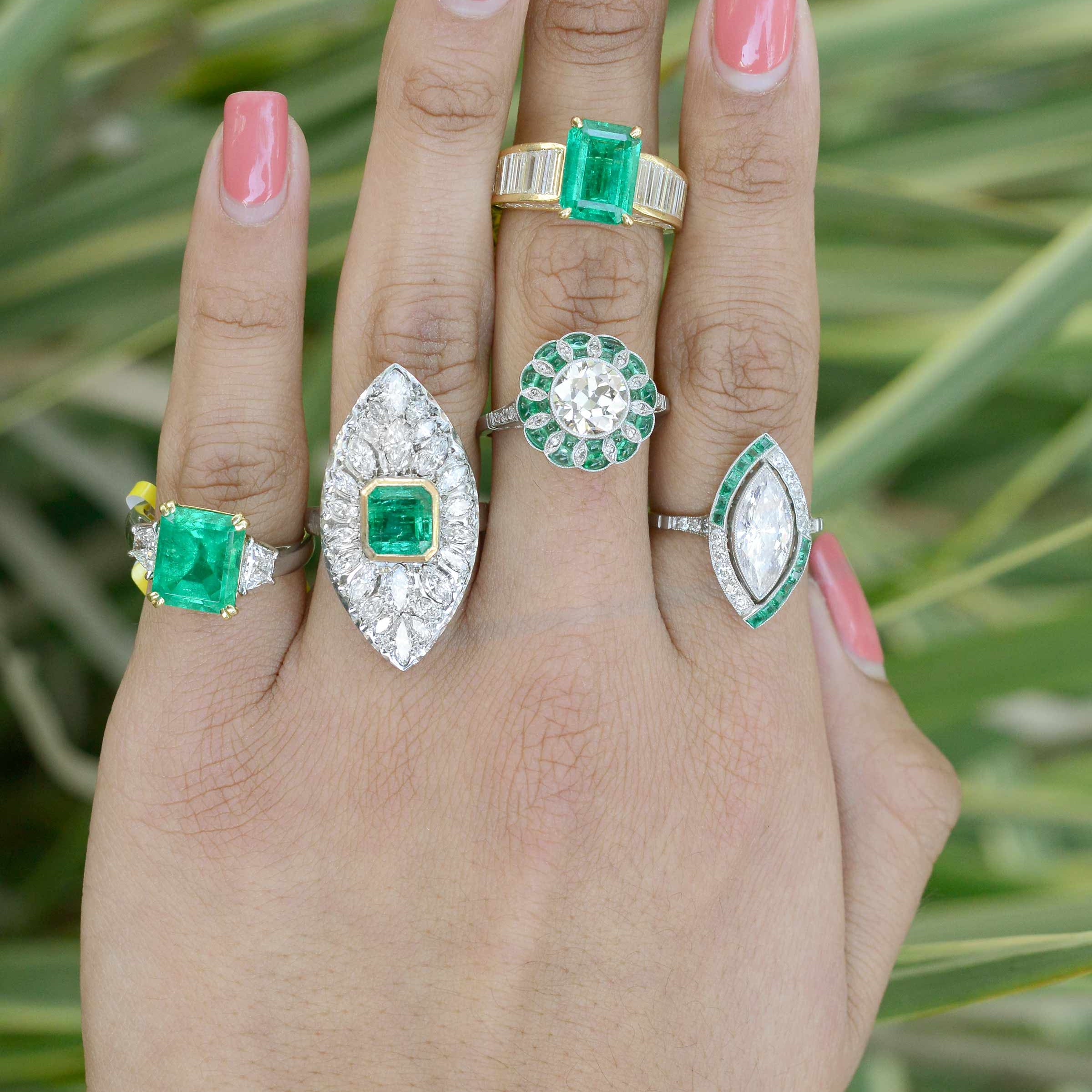 Emerald and diamond rings, we have several examples of fine estate jewelry in-store.