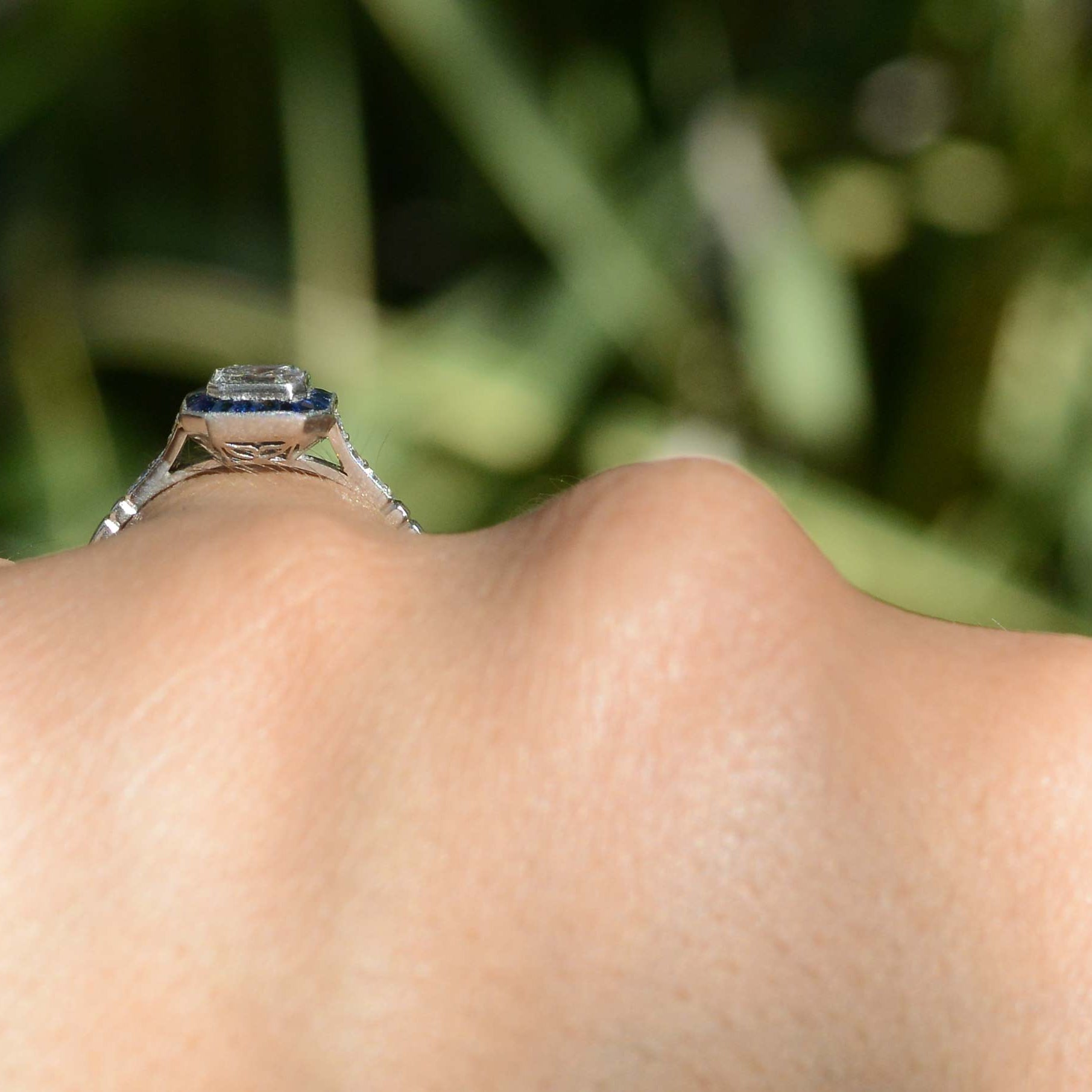 Asscher Cut Diamond and Sapphire Halo Engagement Ring