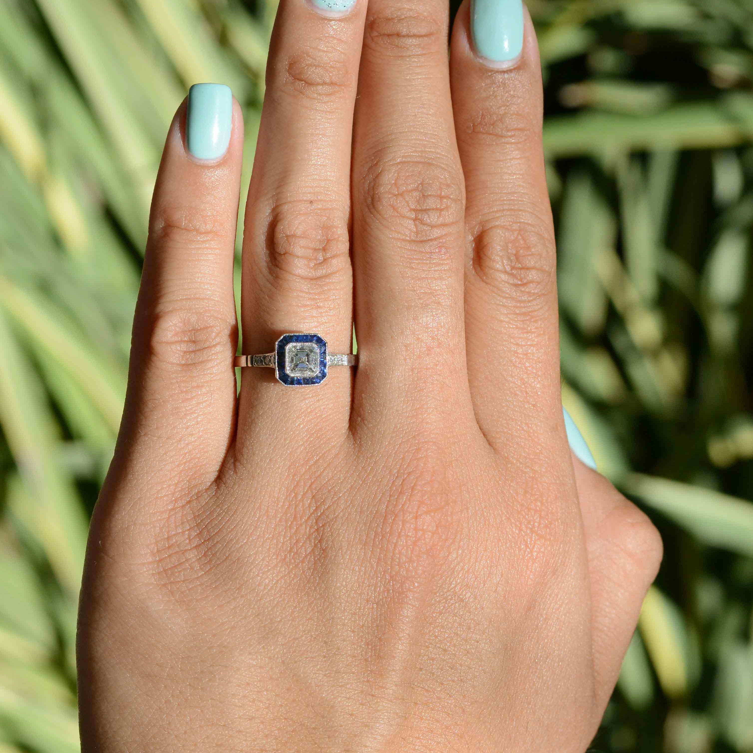 Asscher Cut Diamond and Sapphire Halo Engagement Ring