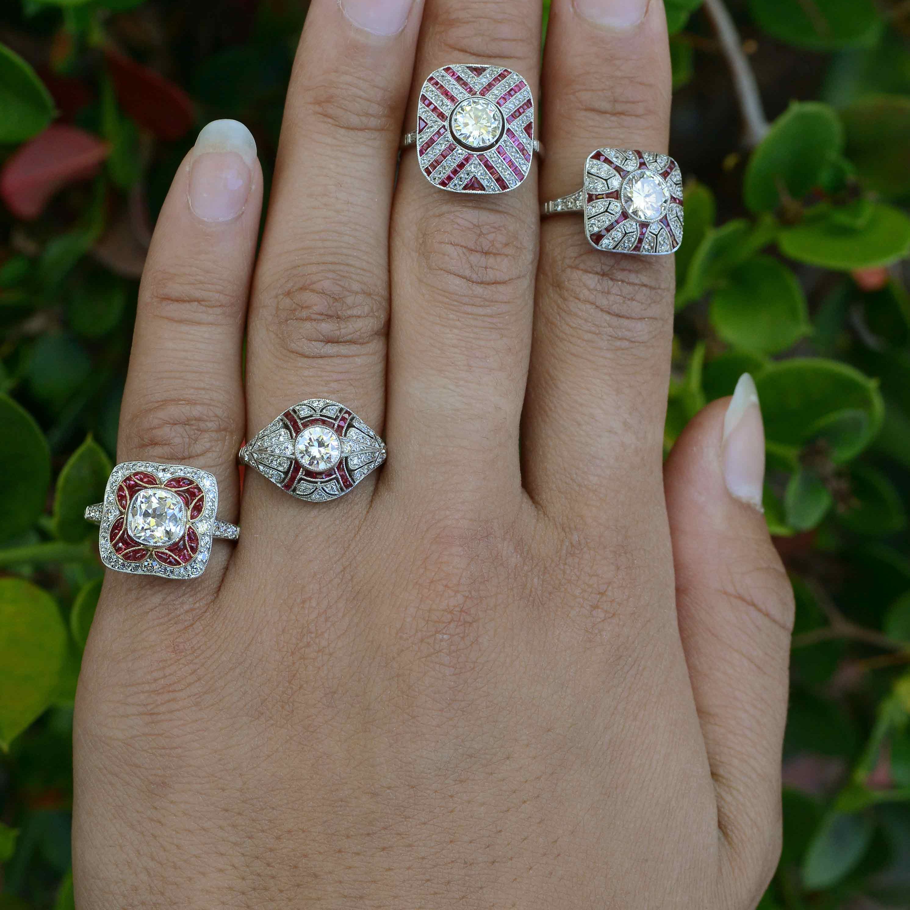 A collection of our diamond and ruby statement engagement rings.