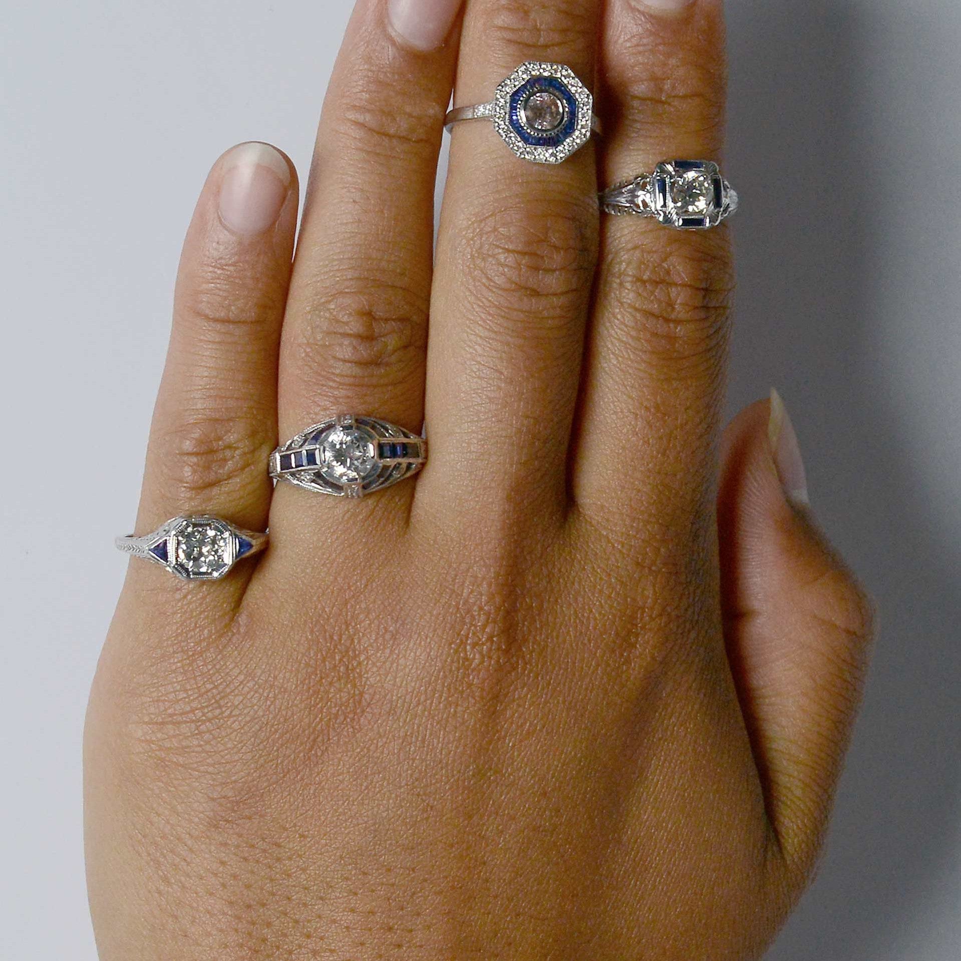 A unique variety of diamond and blue sapphire diamond wedding rings.