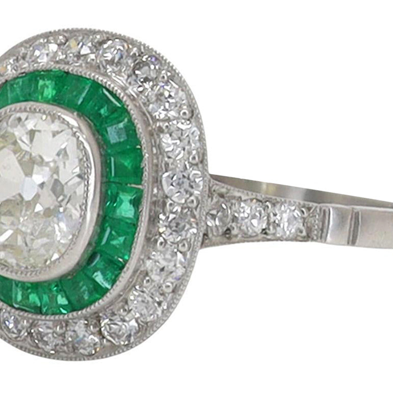 2.25 Carat Old Mine Cushion Diamond & Emerald Engagement Ring