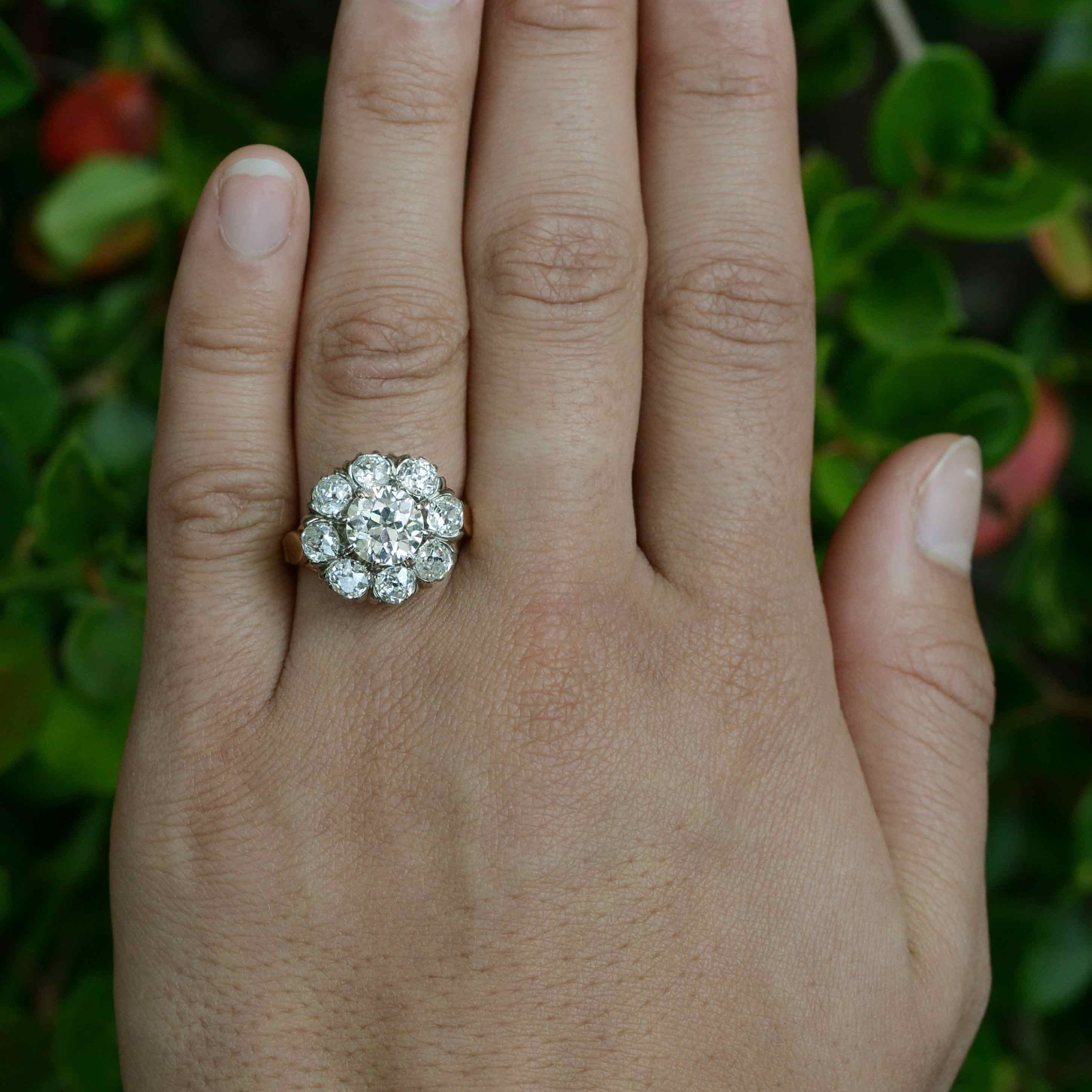 Dallas Antique Cluster Diamond Engagement Ring 3.5 Carats 18K Gold Victorian