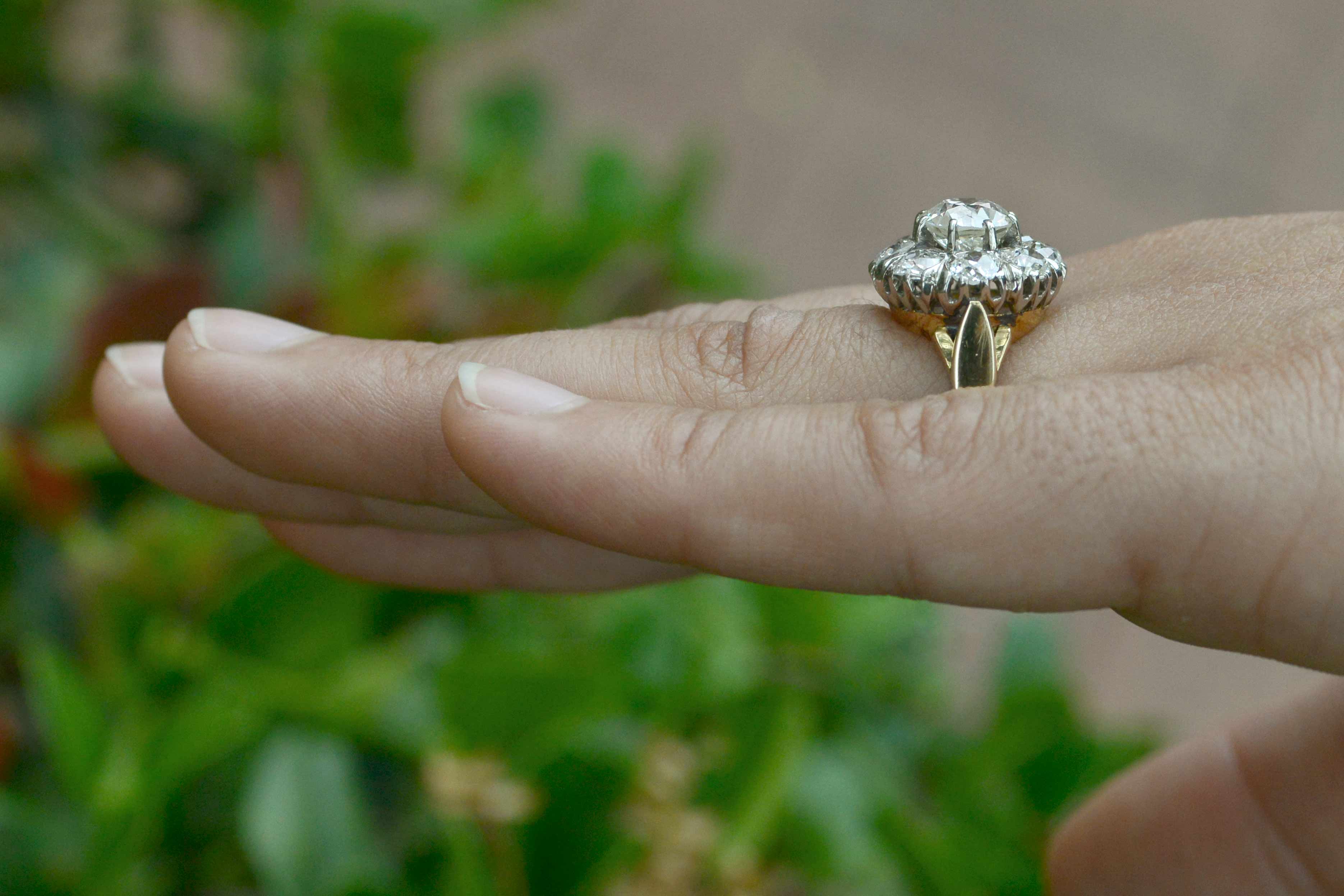 Dallas Antique Cluster Diamond Engagement Ring 3.5 Carats 18K Gold Victorian