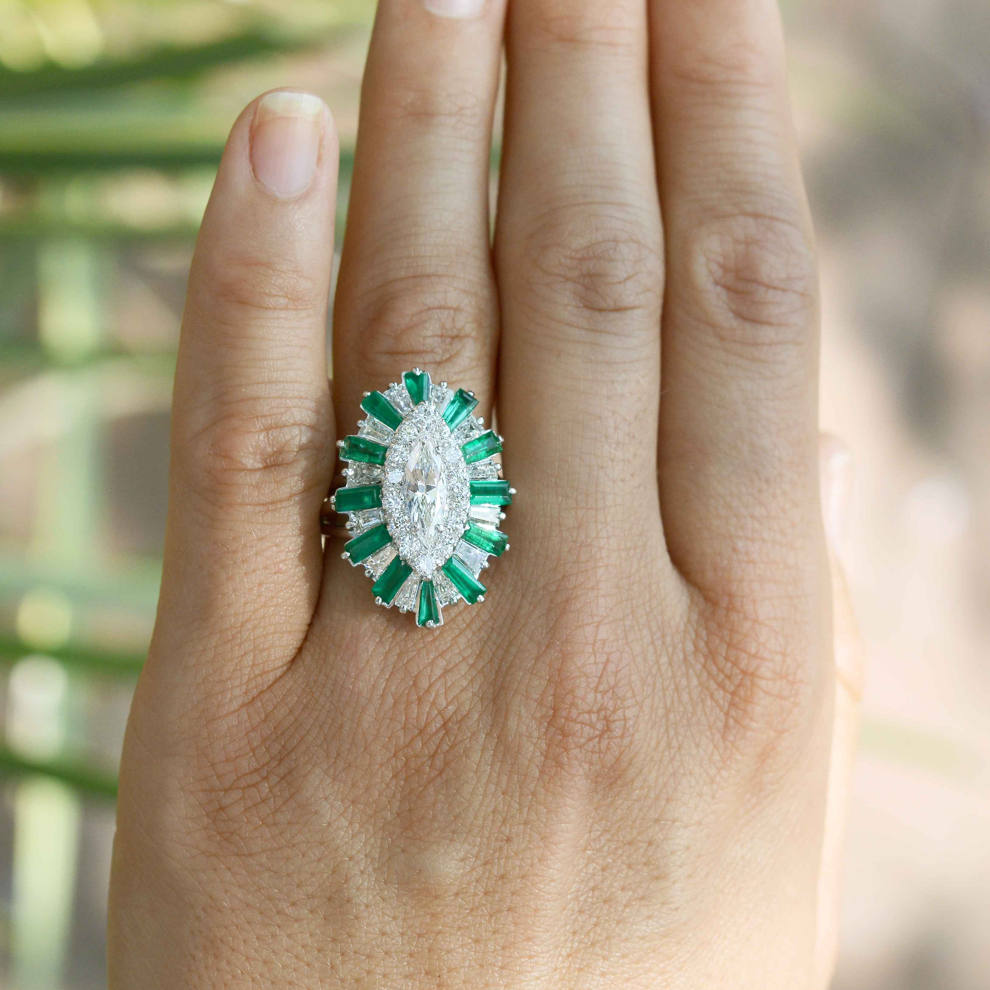 Bel Air Marquise Diamond 2.70 Carat Emerald Cocktail Ring Ballerina Platinum