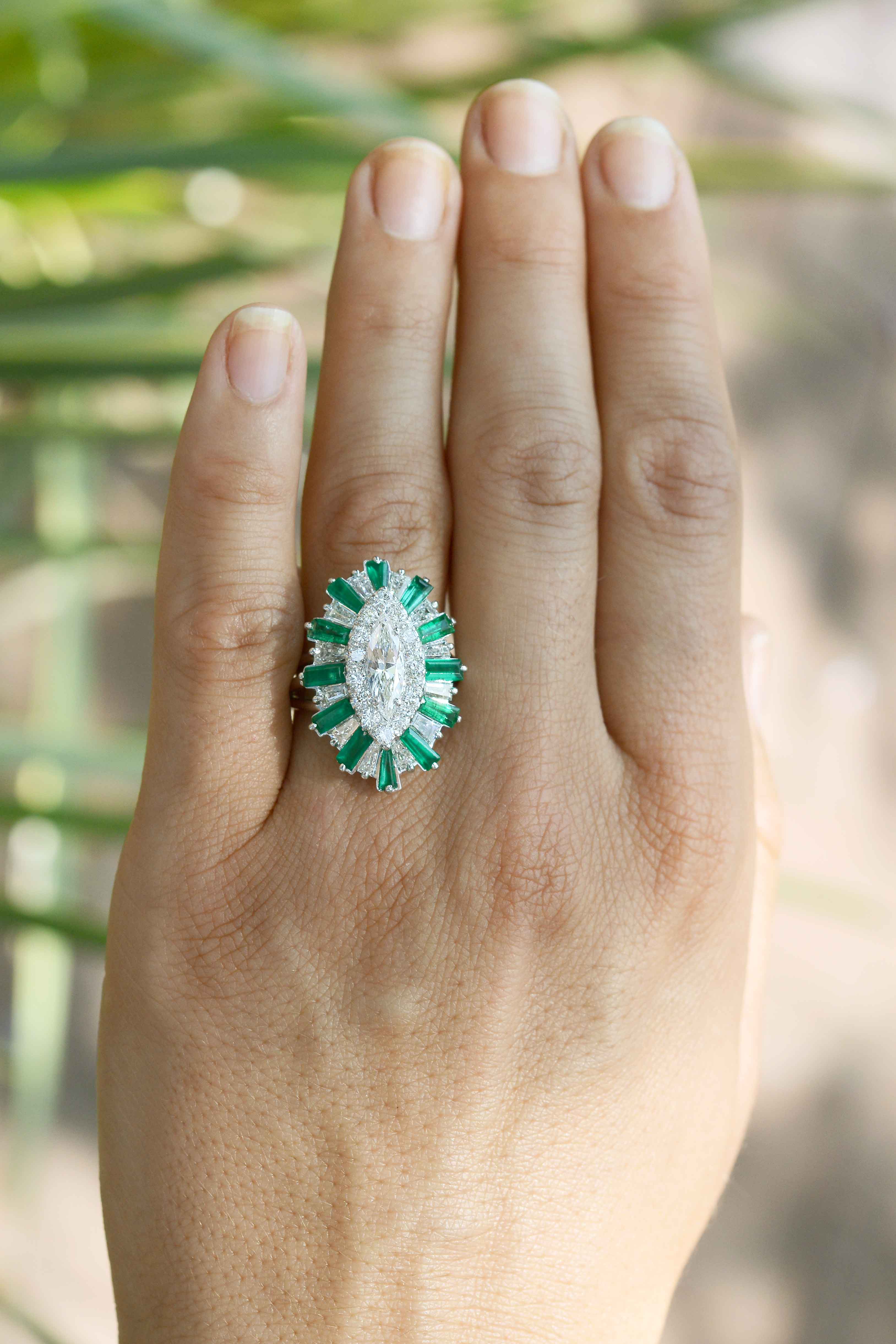 Bel Air Marquise Diamond 2.70 Carat Emerald Cocktail Ring Ballerina Platinum