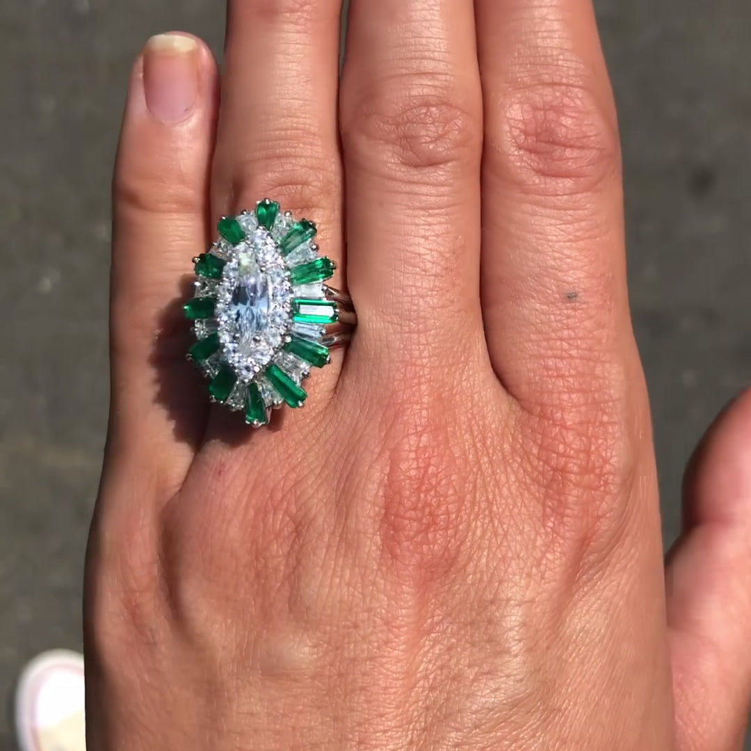 Bel Air Marquise Diamond 2.70 Carat Emerald Cocktail Ring Ballerina Platinum