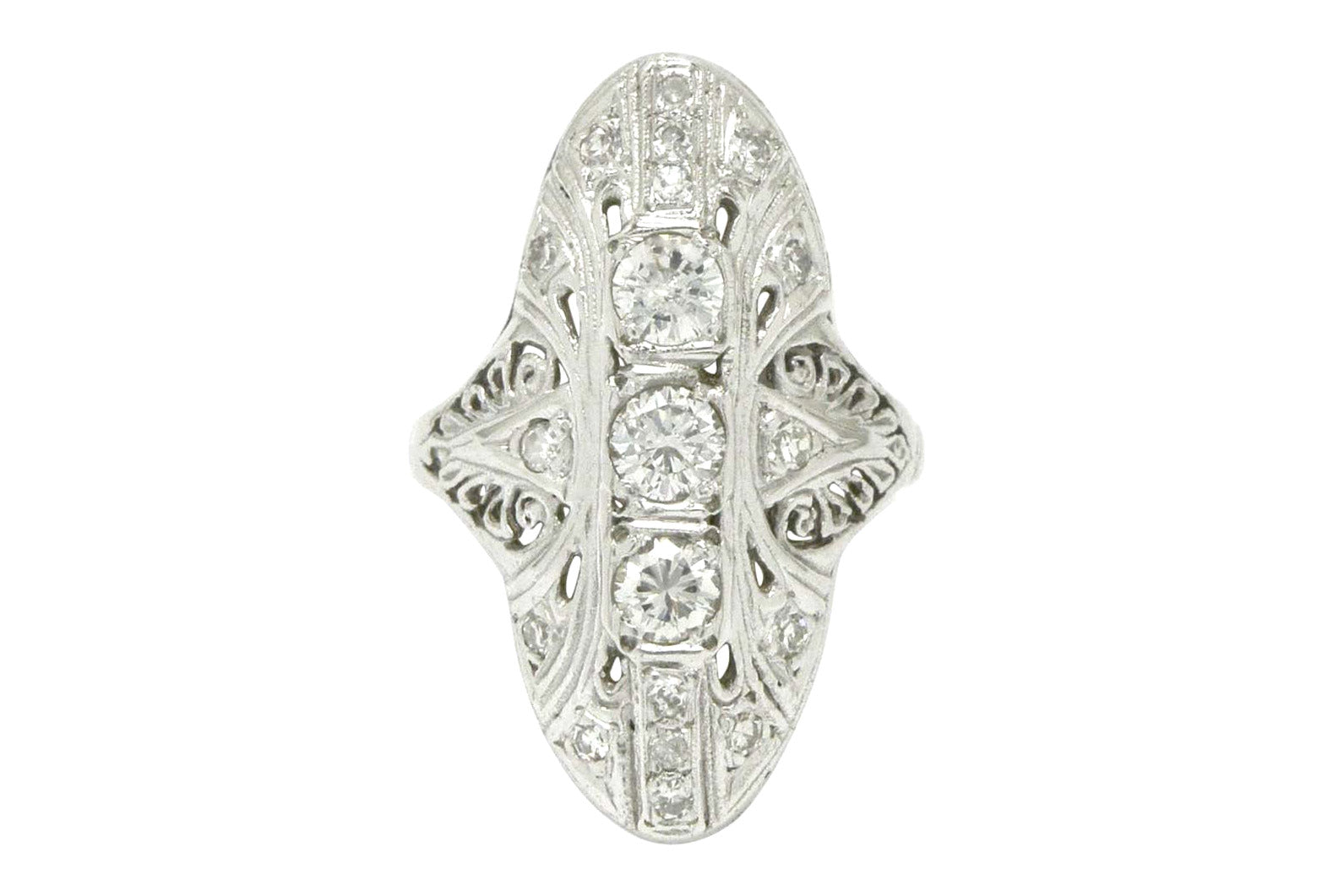 A navette shape ring with diamonds.