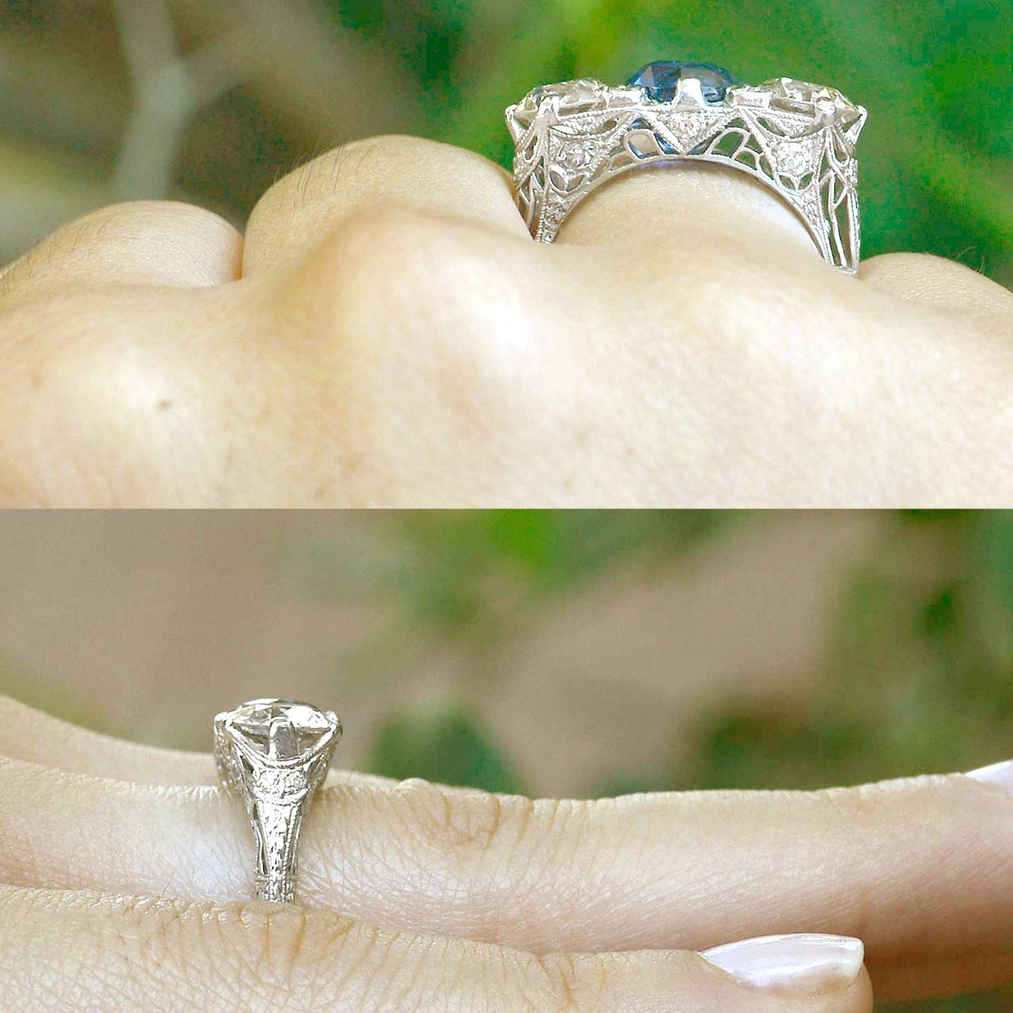 Filigree sides round blue sapphire 2 diamnonds wedding ring.