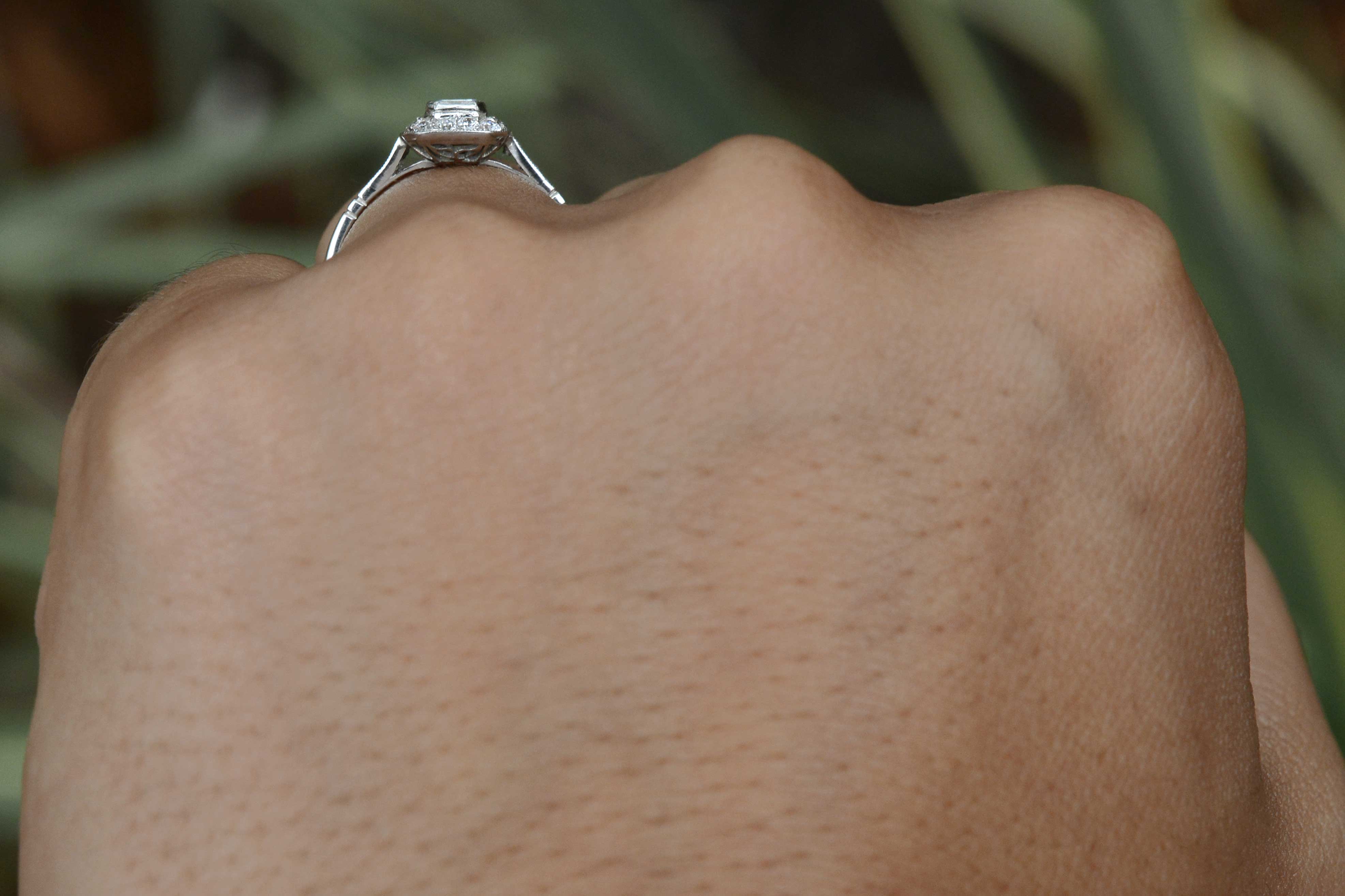 A view of the undergallery of an Art Deco style platinum ring.