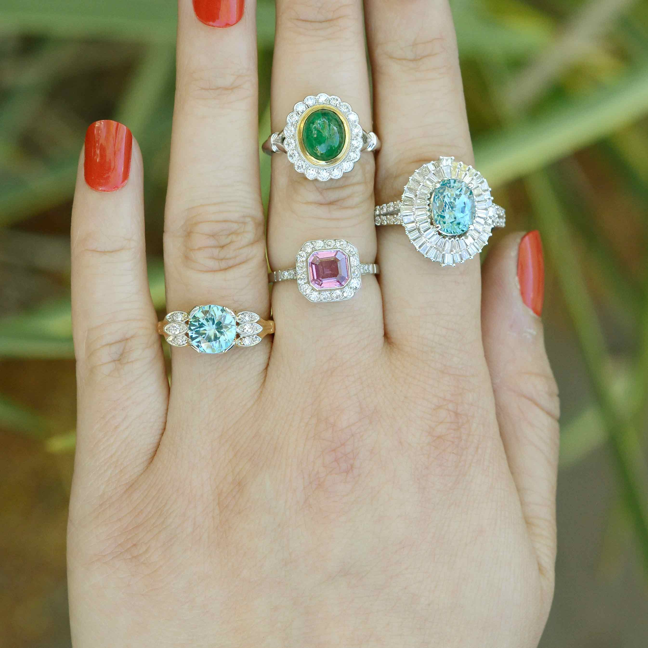 A few of our gemstone rings with the following gems; blue zircon, pink sapphire & emerald.