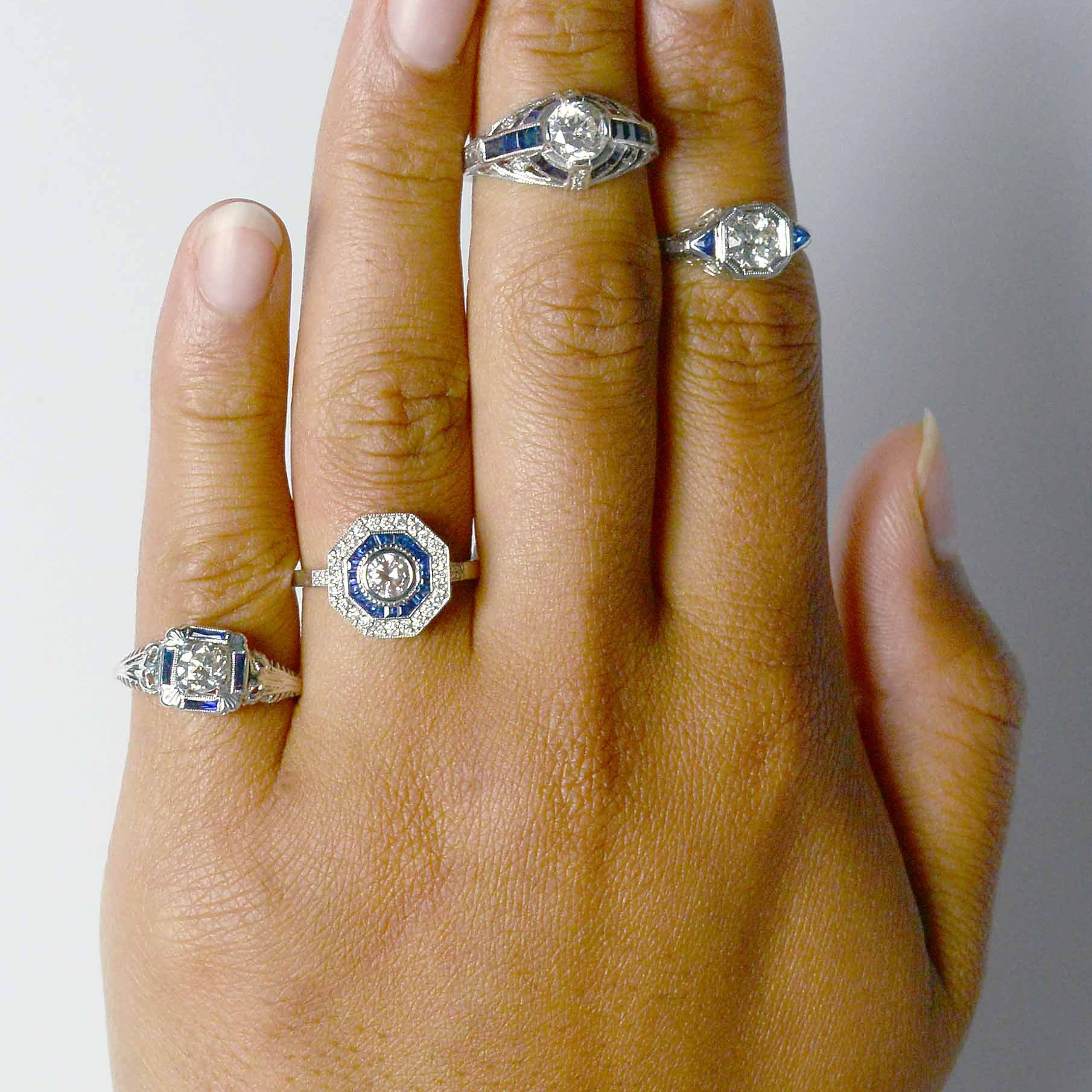 Blue sapphire and diamond wedding rings.