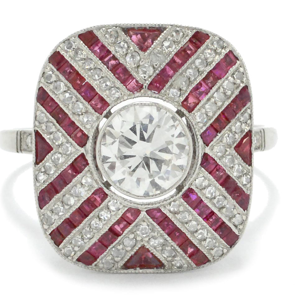 Art Deco diamonds rubies engagement ring.
