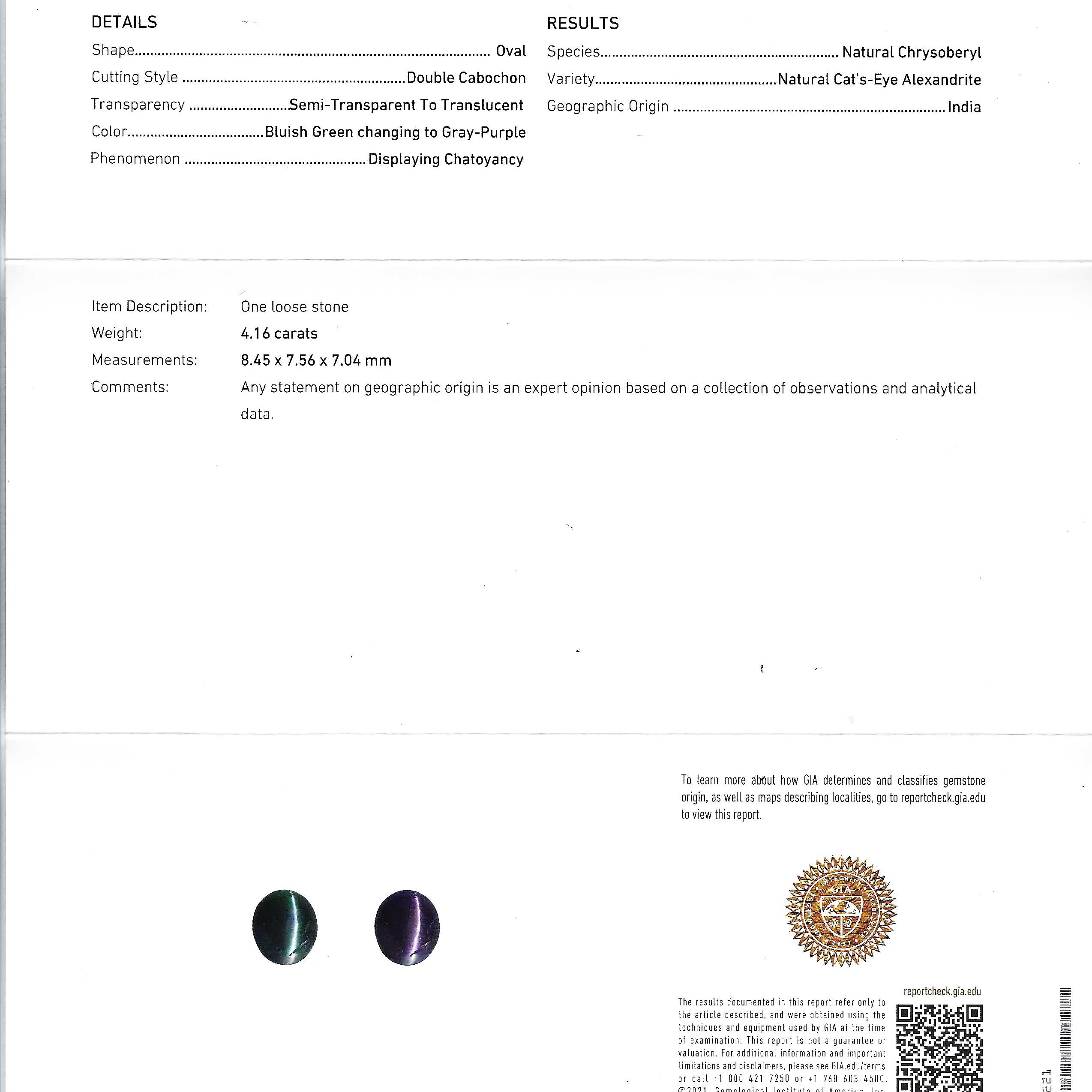 This natural cat's eye alexandrite from India displays great chatoyancy.