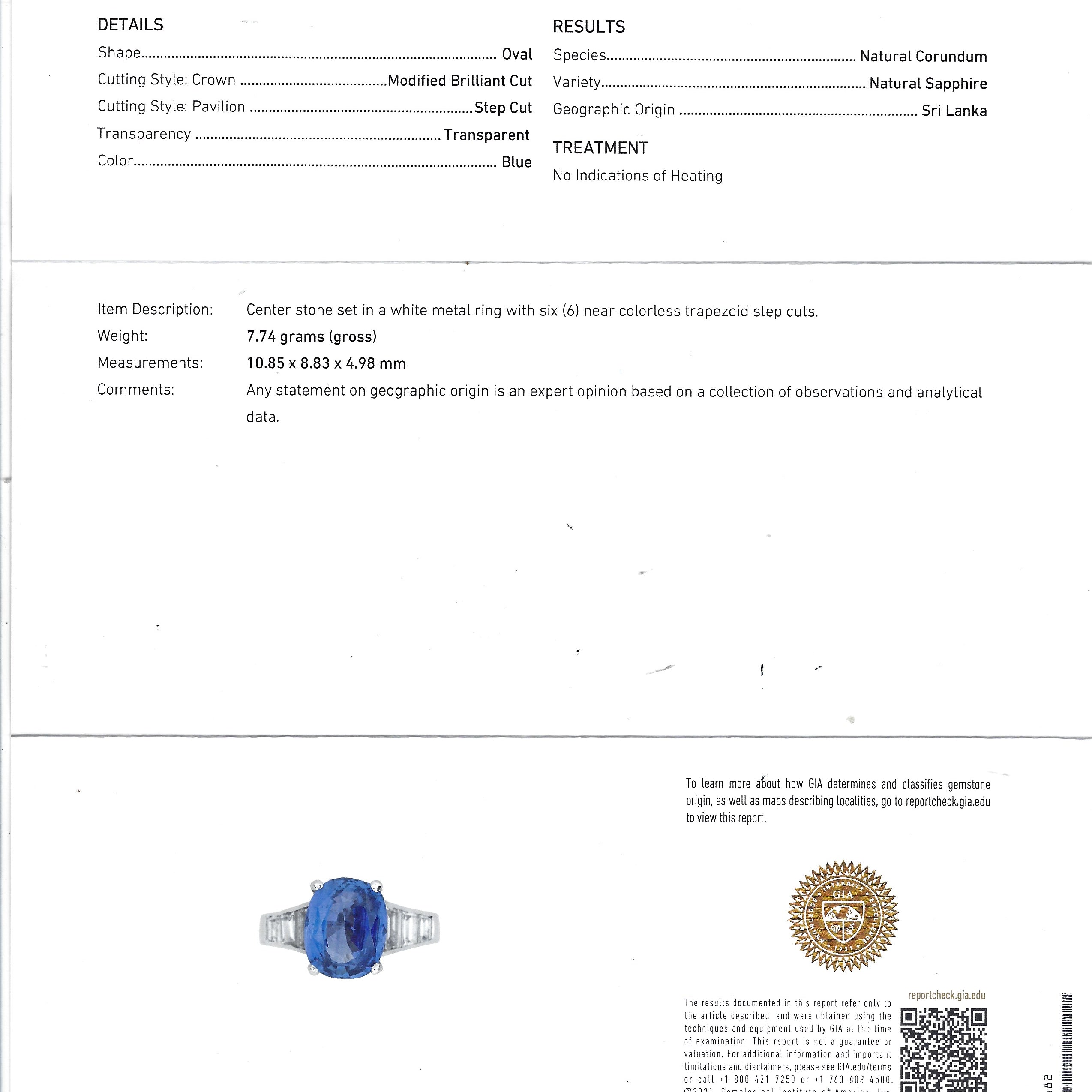 This nearly 5 carat oval blue sapphire comes with a GIA origin report.
