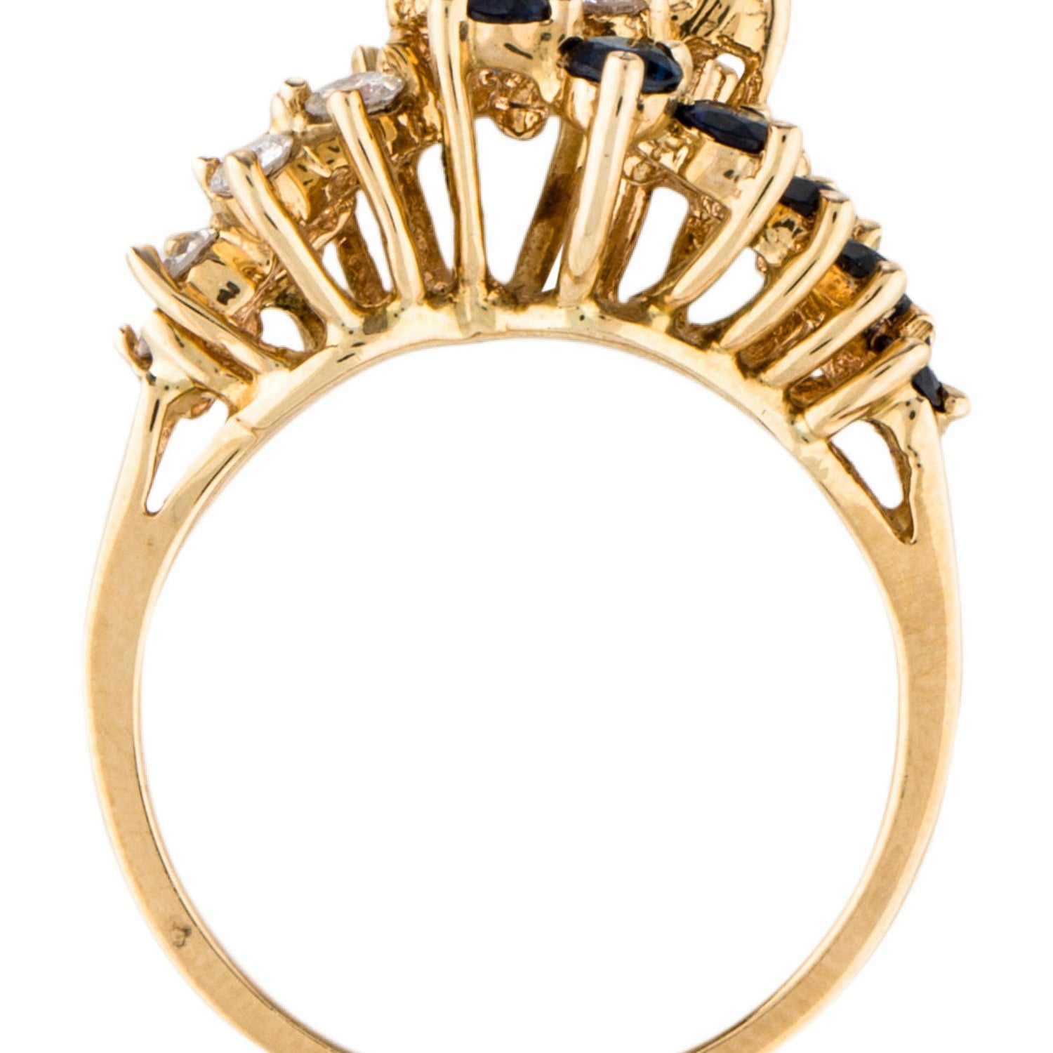 A sapphire and diamond gold waterfall ring design.