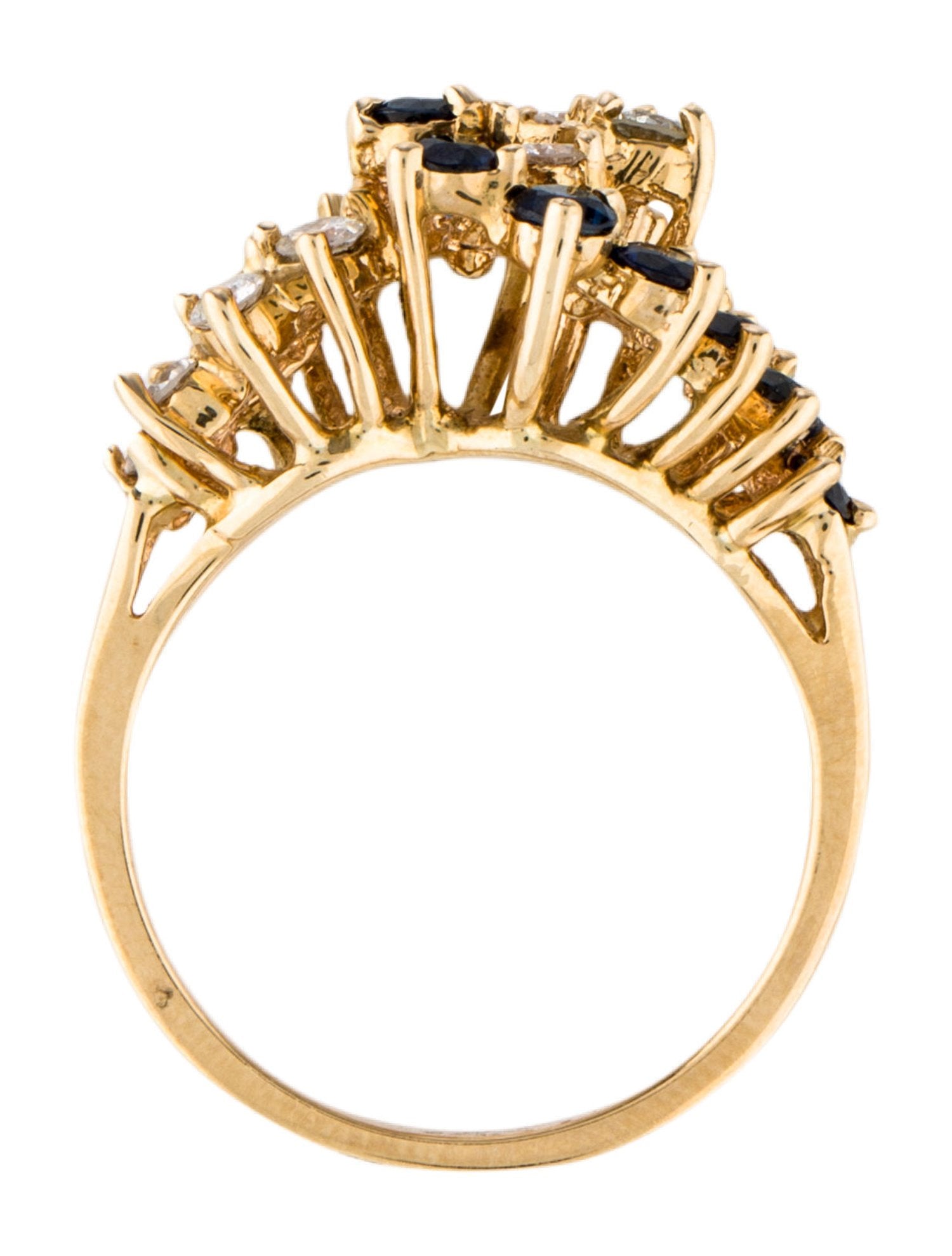 A sapphire and diamond gold waterfall ring design.