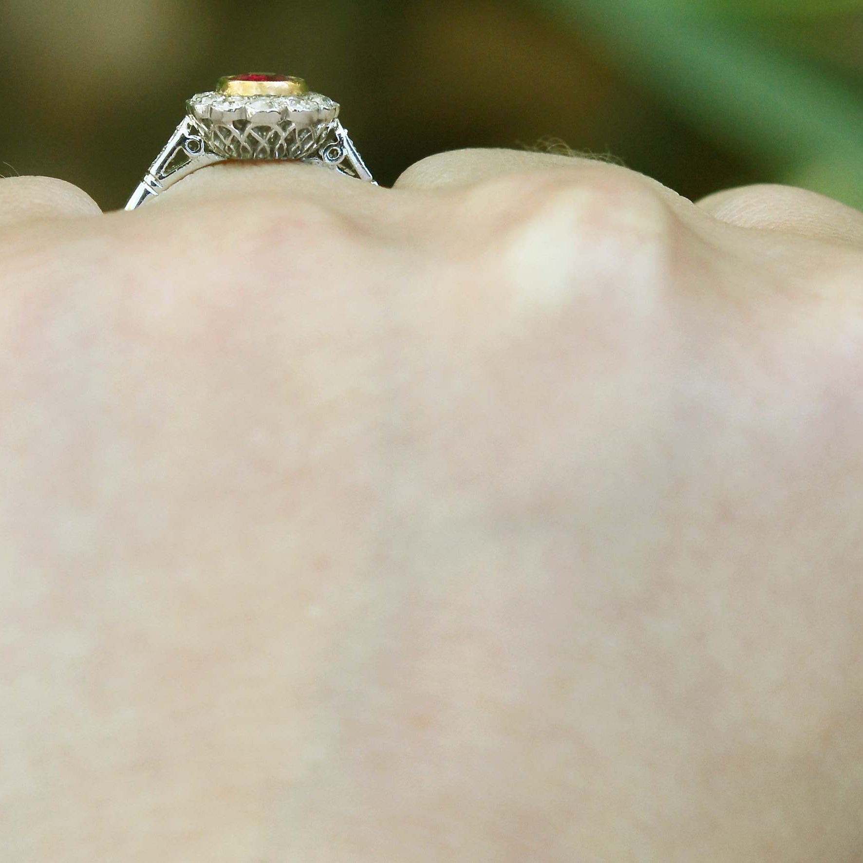 Platinum Antique Ruby Diamond Halo Engagement Ring